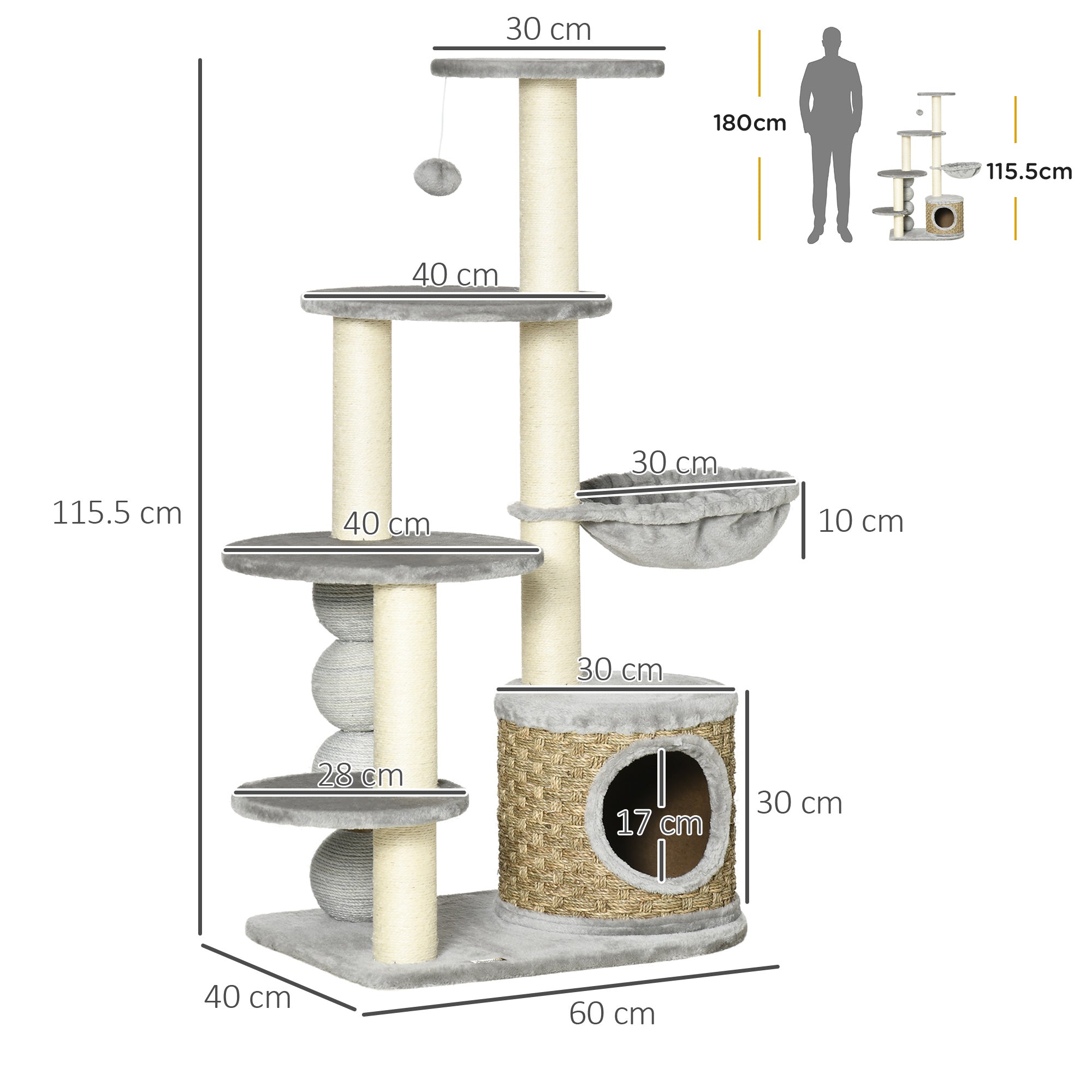 Multi Level Cat Tree, with Scratching Post, Toy Ball, Cat House and Hammock - Light grey