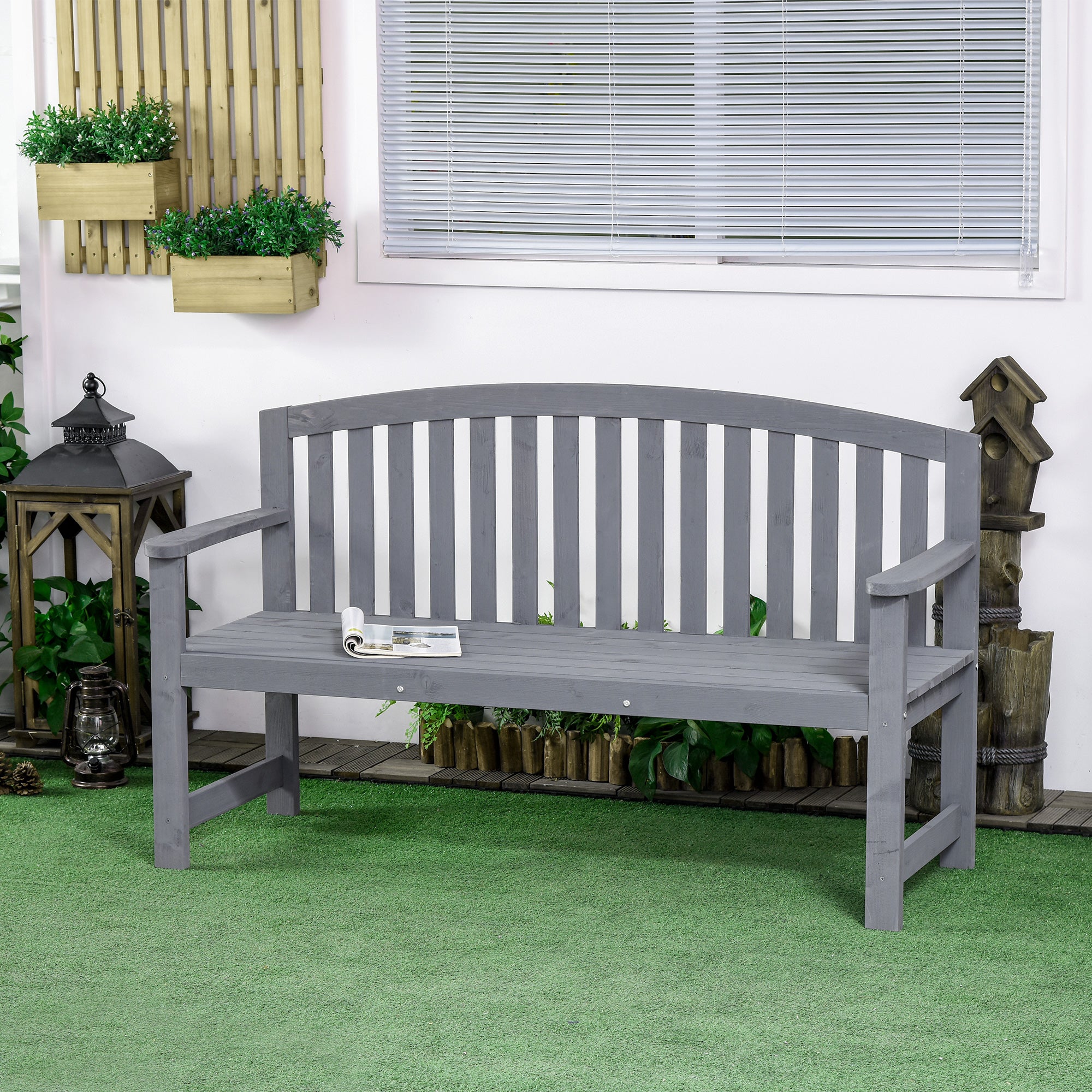 2 Seater Wooden Garden Bench with Armrest, Outdoor Furniture Chair for Park, Balcony, Grey