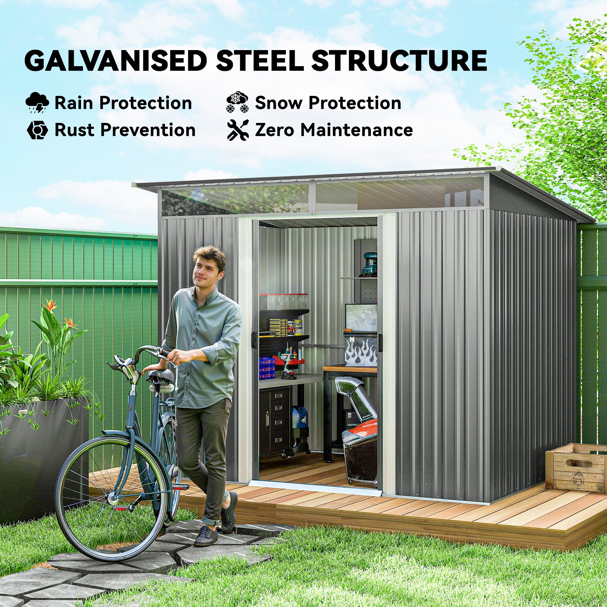 9ft x 6.5ft Garden Storage Shed with Top Window, Metal Outdoor Shed Tool House with Double Doors, Light Grey