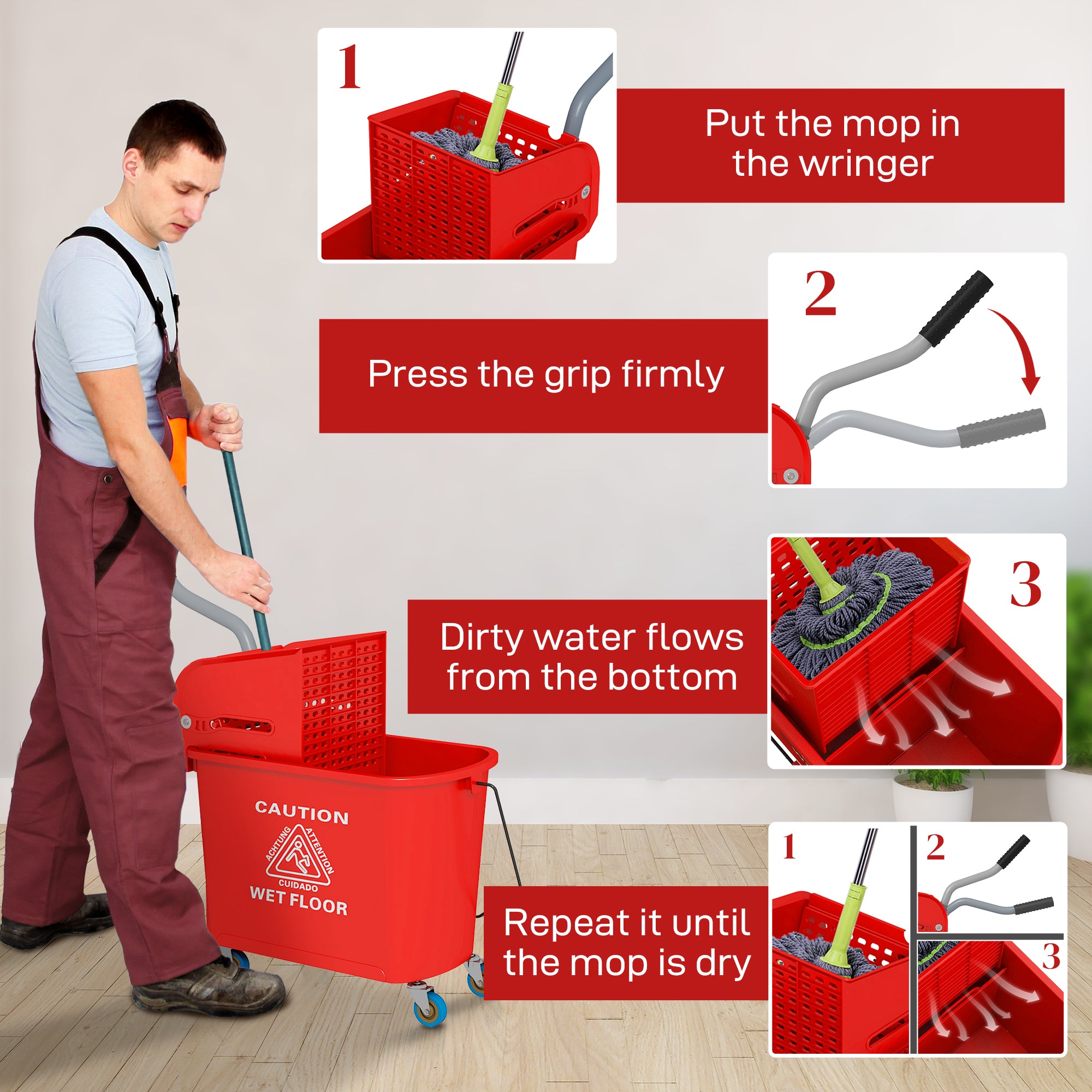 20L Mop Bucket with Water Separation Panel and Wheels - Red