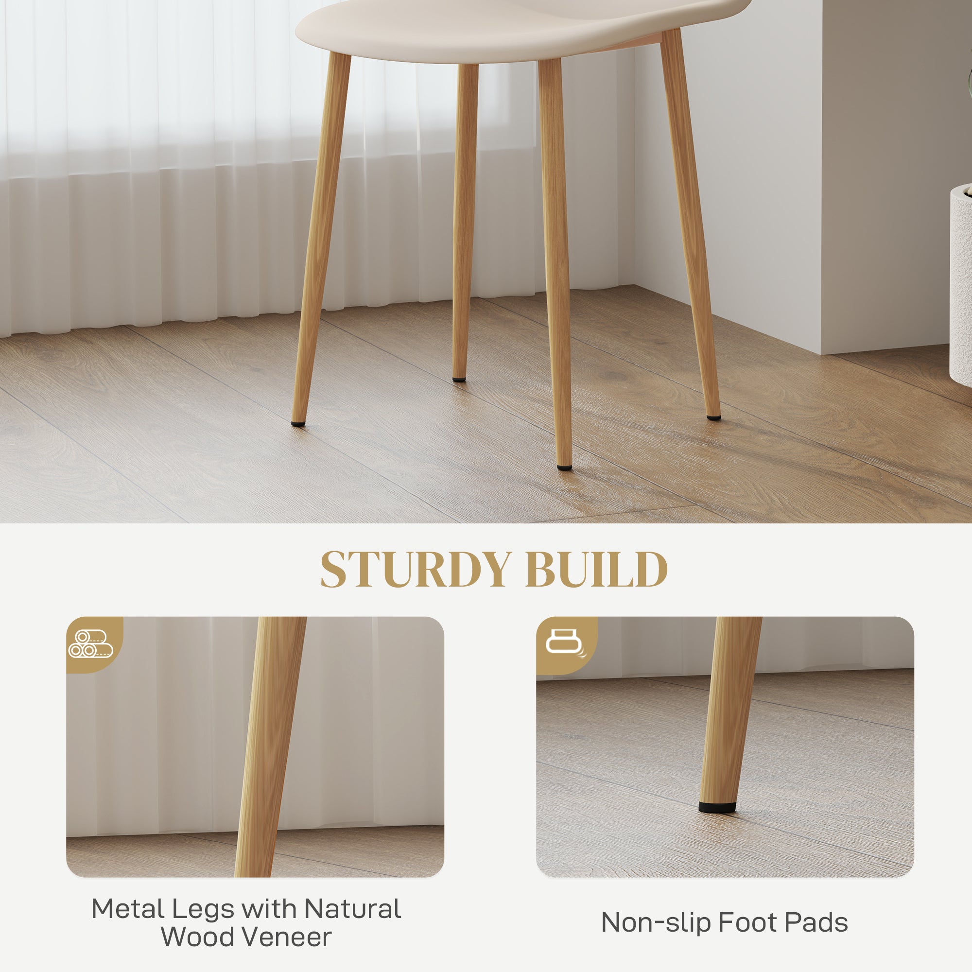 Modern Dining Chairs Set of 4, Kitchen Chairs with Backrest and Steel Legs for Dining Room, Living Room, Khaki