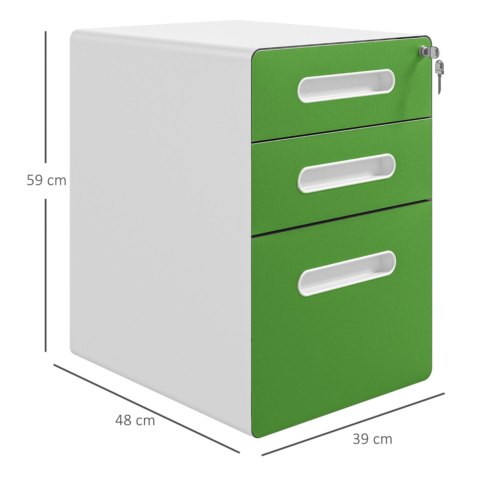 3 Drawer Filing Cabinet, Steel Lockable File Cabinet with Lock and Wheels, for A4, Letter, Legal Sized Files, Green
