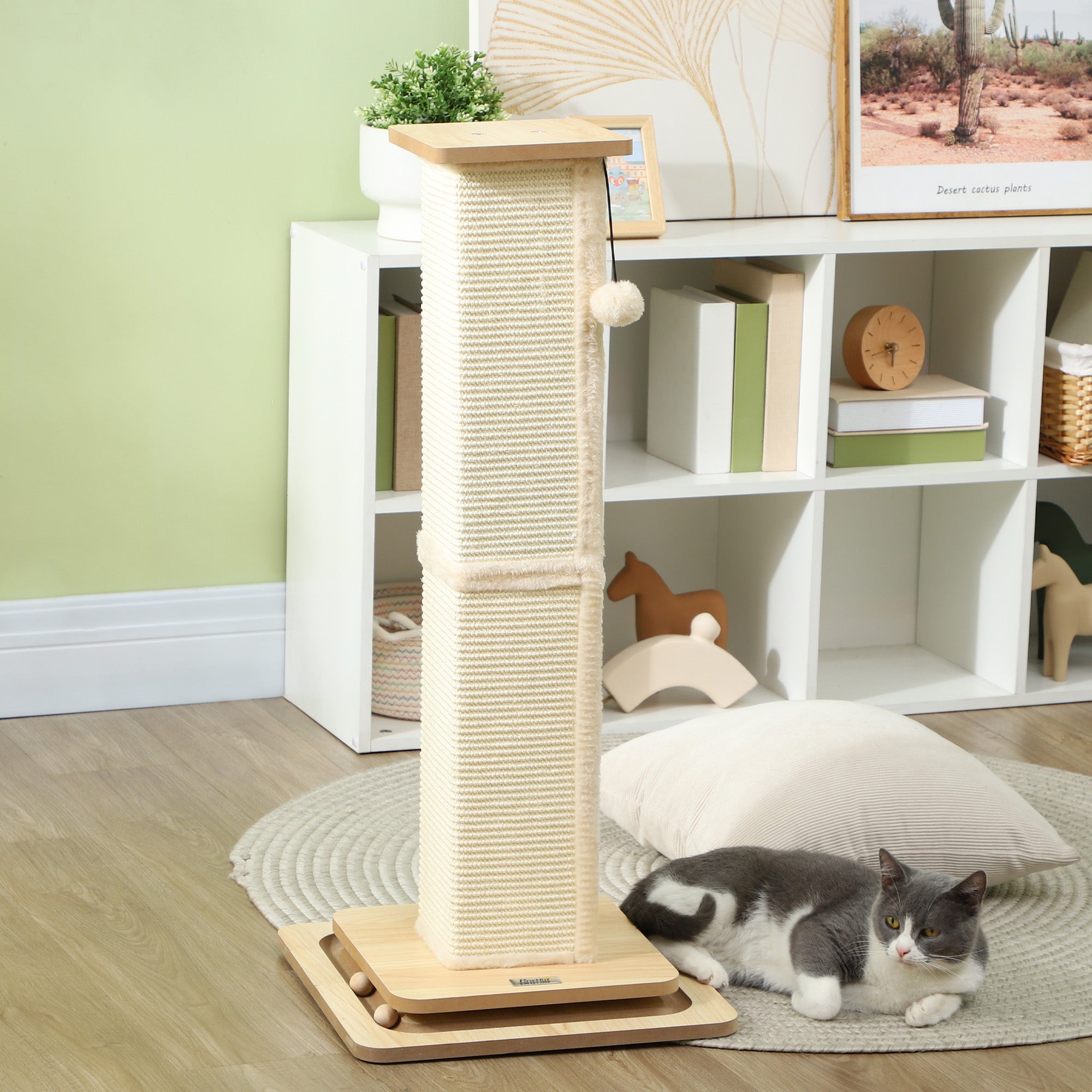 3-in-1 Cat Scratching Post, 87cm Cat Scratcher w/ Track Ball Toy, Oak Tone