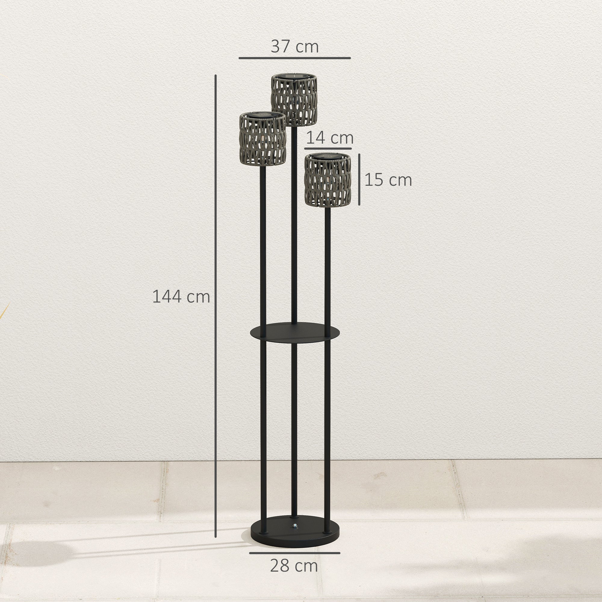 Boho Rattan Floor Lamp, 3-Lights Rattan Lamp with Shelf, Freestanding Solar Garden Light with Auto On/Off Lights, Grey