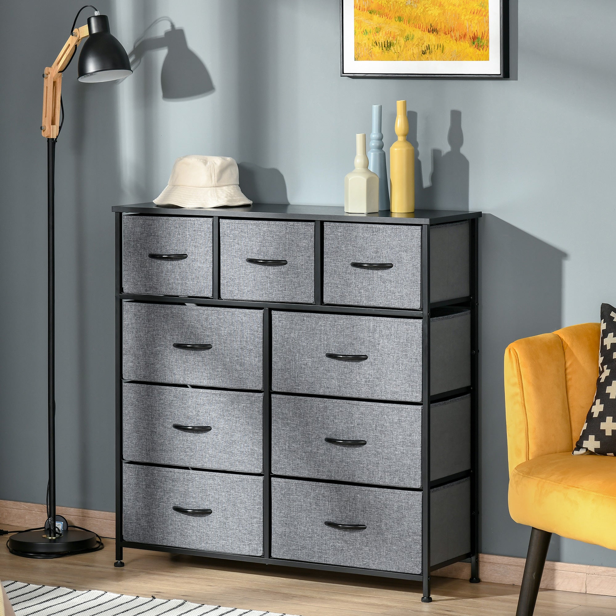 9 Drawers Storage Chest Dresser Organizer Unit , Easy Pull Fabric Bins, for Bedroom, Hallway, Entryway, Black & Grey