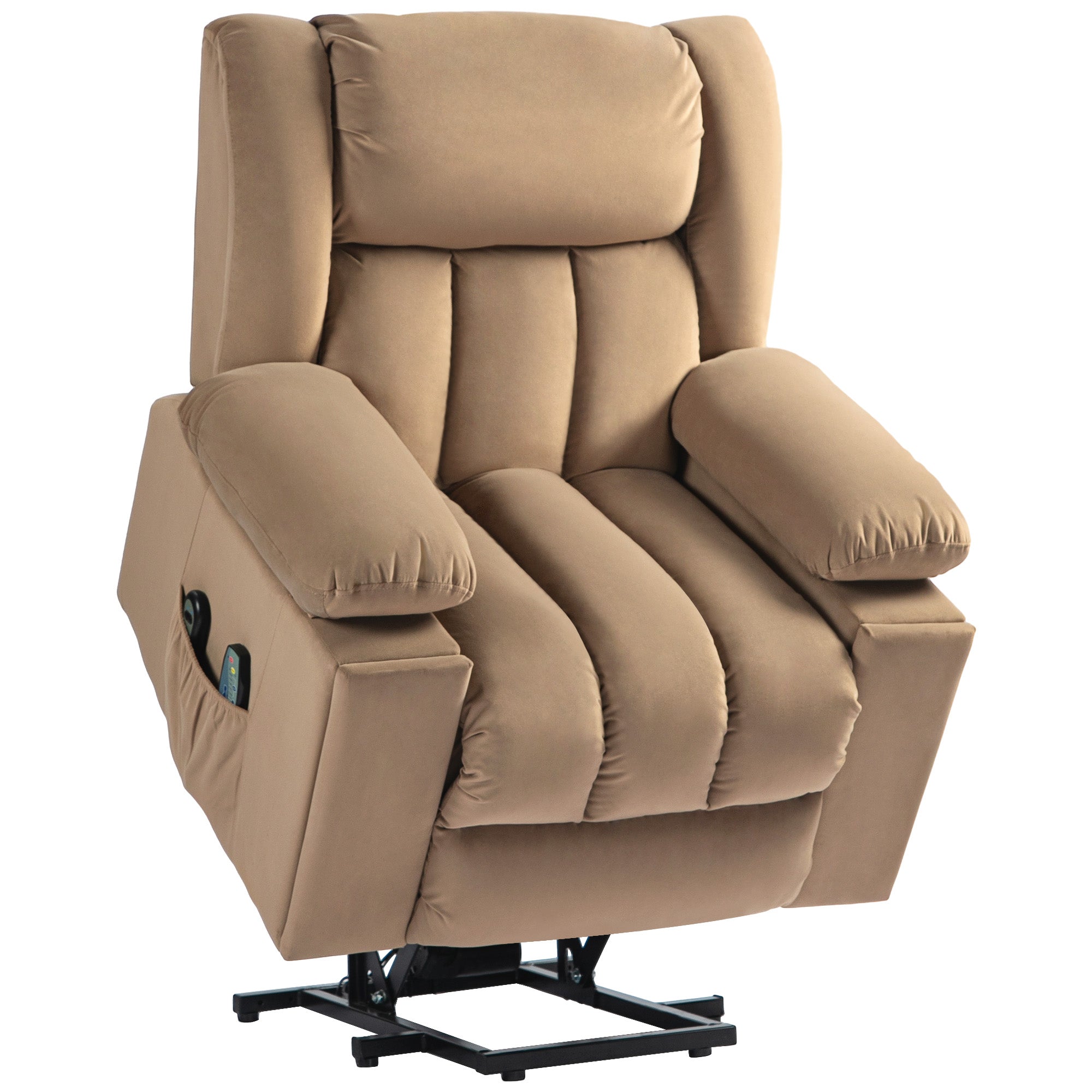 Power Lift Recliner Chair with Vibration Massage and Heat, Electric Lift Chair for Elderly, Overstuffed Fabric Riser and Reclining Armchair with USB Ports, Cup Holders, Light Brown