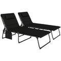 Set of 2 Folding Recliner Sun Loungers with Quick Drying Pad & Side Pocket - Black
