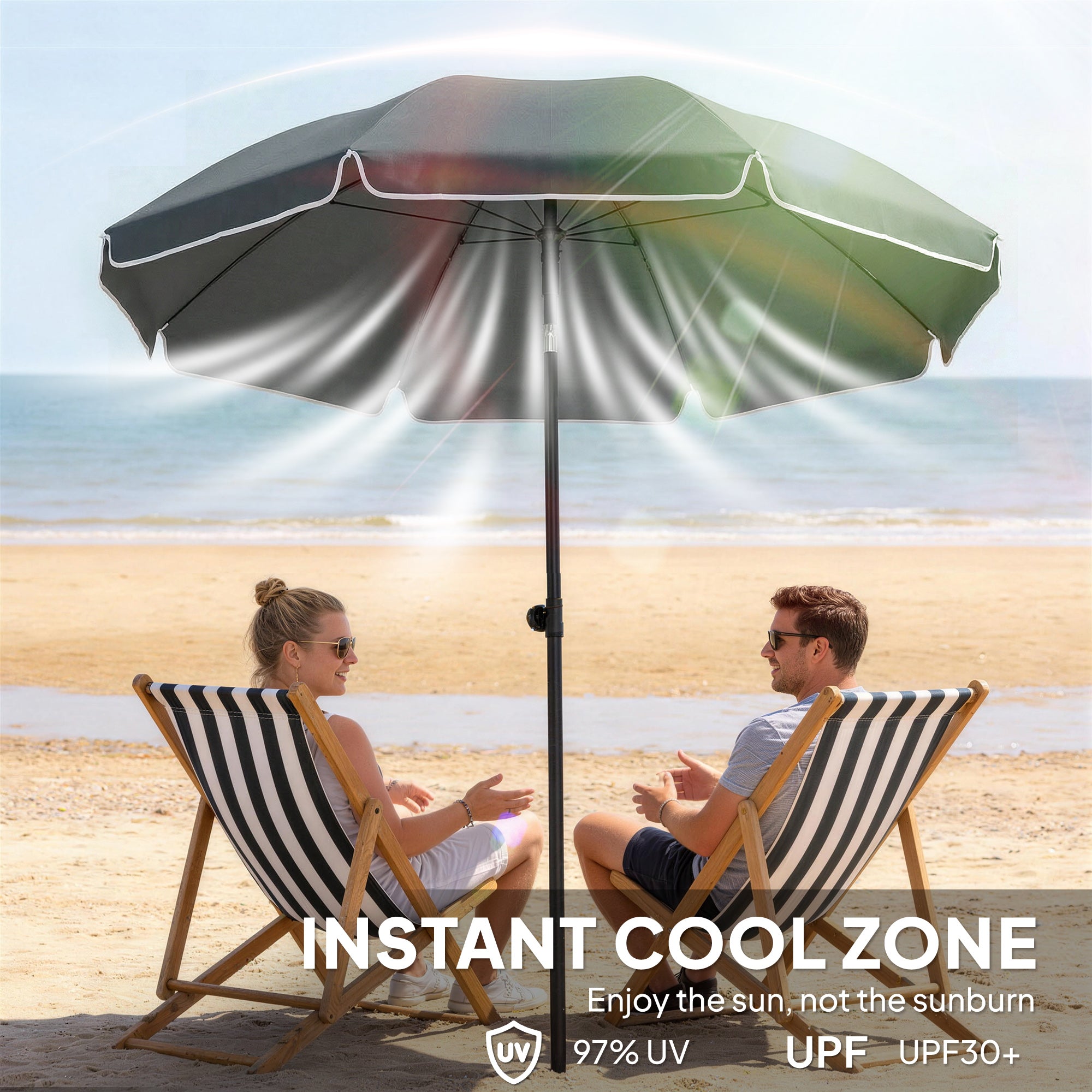 1.8 m Beach Umbrella Parasol with Sand Anchor, Portable 30° Tilting Patio Sun Shade with Adjustable Height, Dark Grey