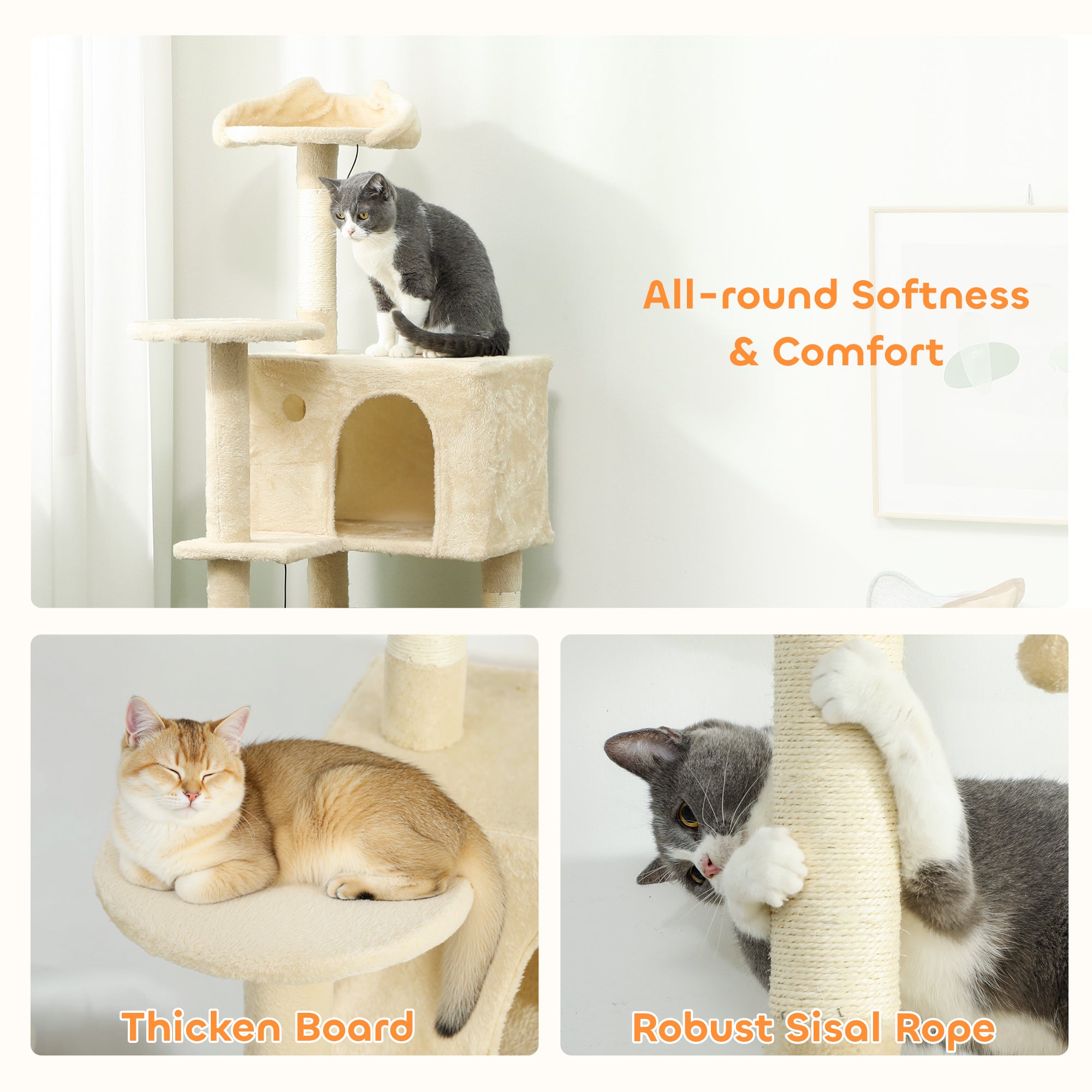 160cm Large Cat Tree Tower with Sisal Scratching Posts, Condos, Plush Perches, Hammock, Ladder, Beige