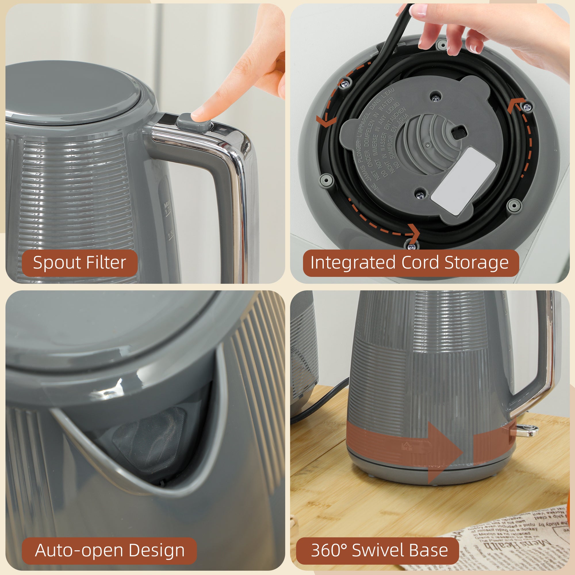 1.7L 3000W Kettle and 2-Slice Toaster Set with 7 Browning Levels, Defrost & Reheat - Grey