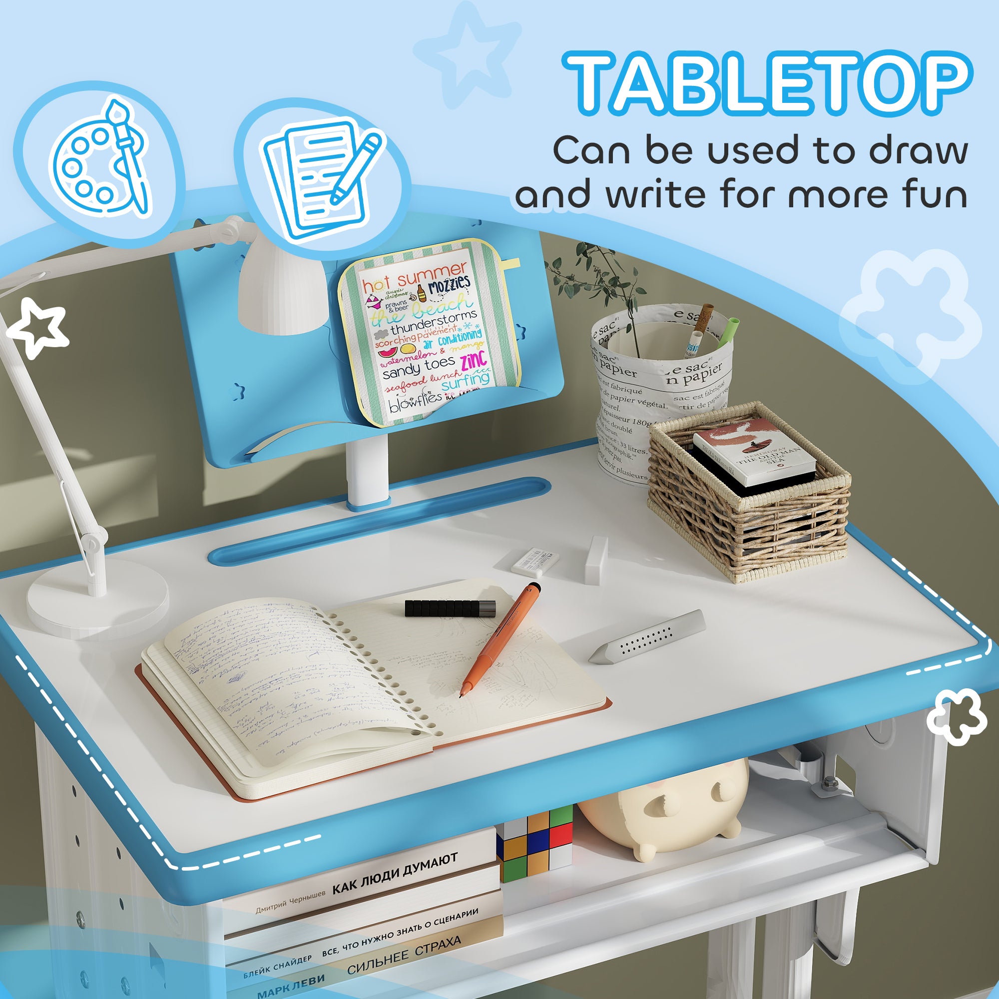 Kids Adjustable Desk and Chair Set, Book Stand, Pen Slot - Blue