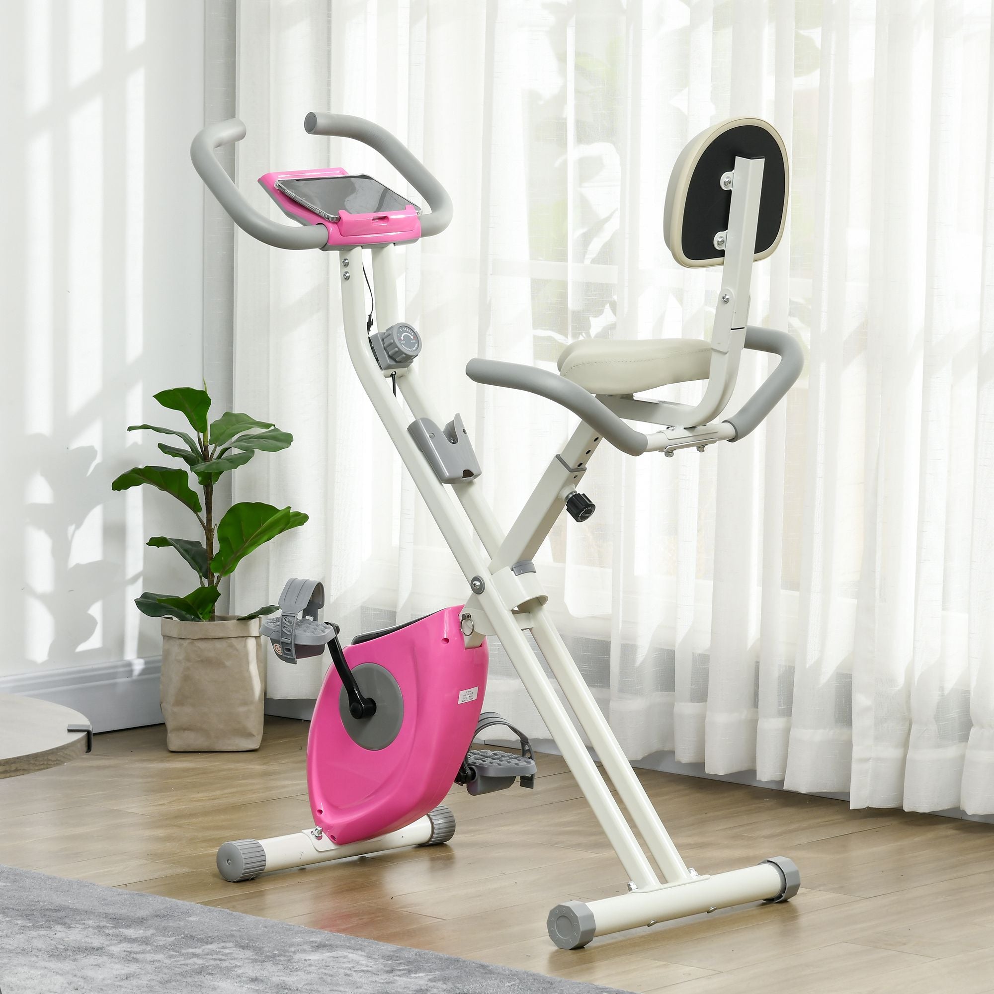 Folding Exercise Bike, with Adjustable Magnetic Resistance, Seat Height - White and Pink