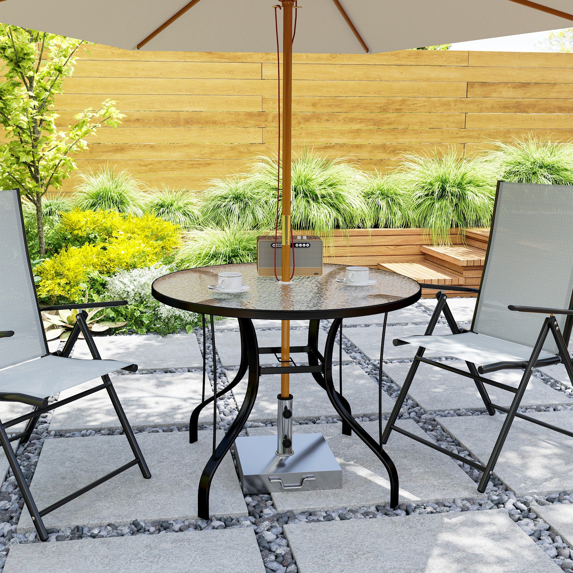 1 Piece Tempered Glass Top Outdoor Dining Table with Parasol Hole - Black