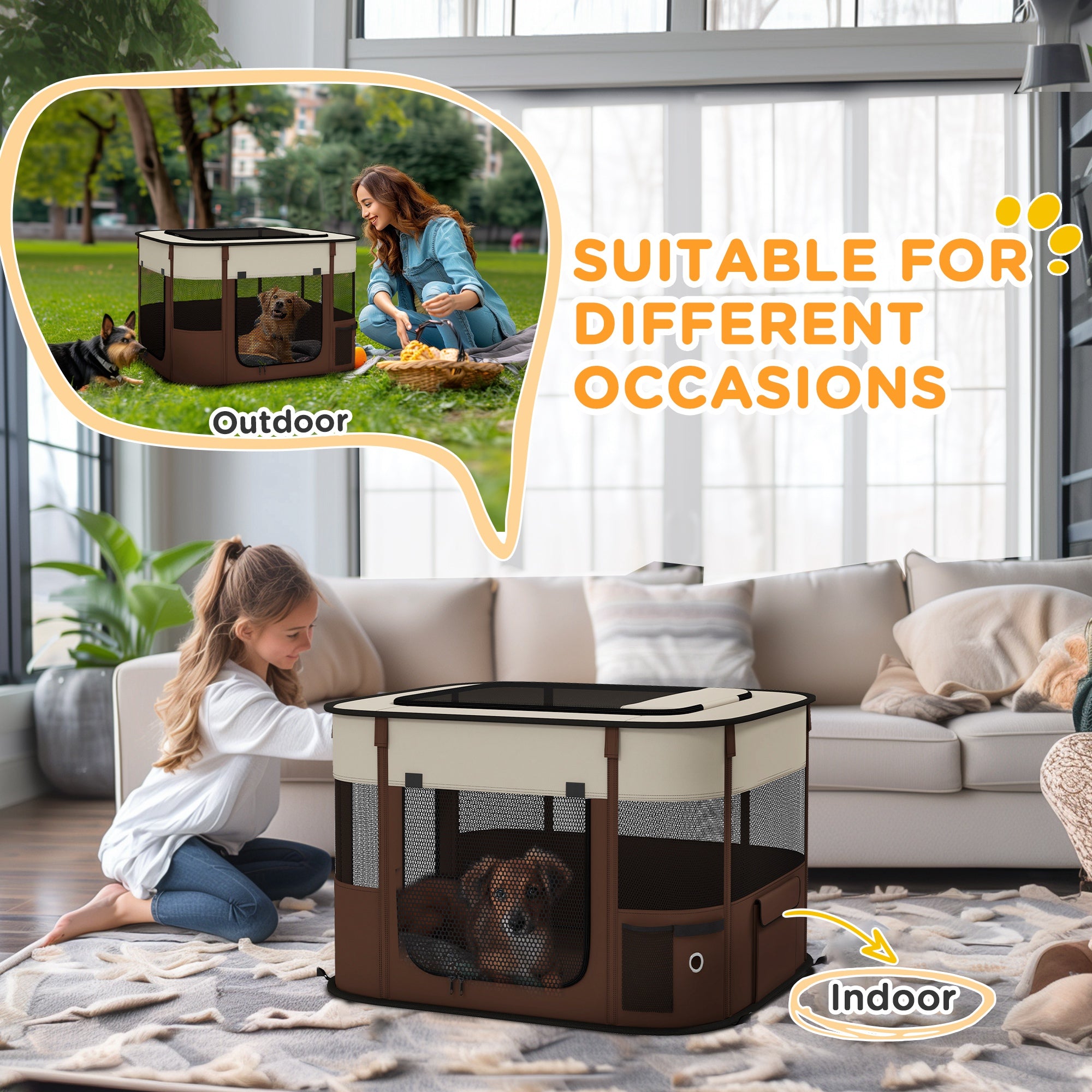 Foldable Dog Pen with Storage Bag for Indoor/Outdoor Use, Portable Pet playpen, with Ground Stakes - Brown