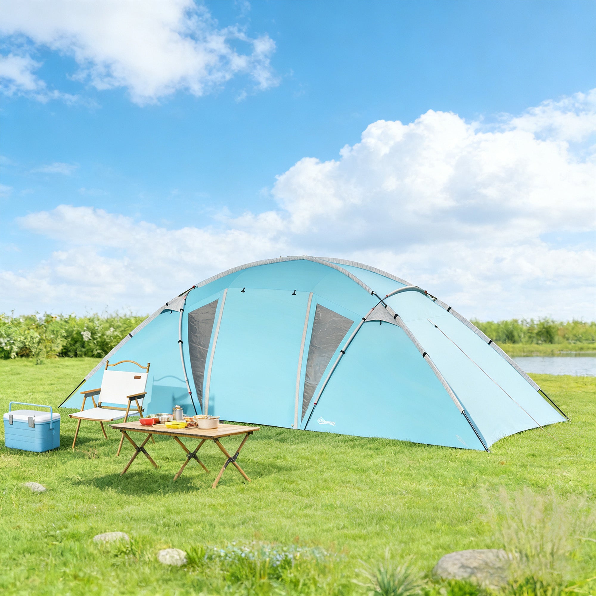 4-6 Man Family Camping Tent w/ 2 Bedrooms and a Living Room, Waterproof Tunnel Tent w/ Sewn In Groundsheet, Doors, Windows, Carry Bag, Blue