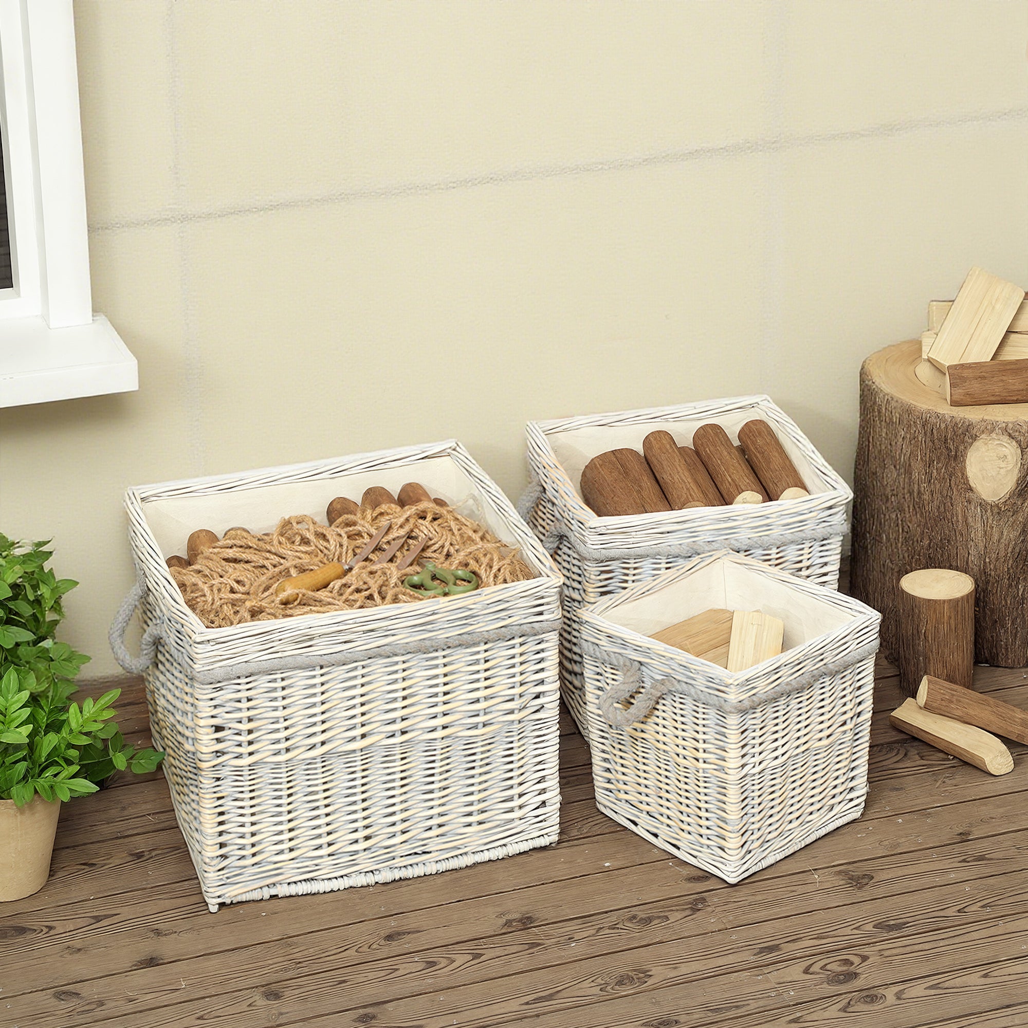 Set of 3 Log Baskets for Wood Burner Indoor, Storage Basket with Lining and Rope Handles, Wicker Basket for Fireside Storage, Blankets, Beige