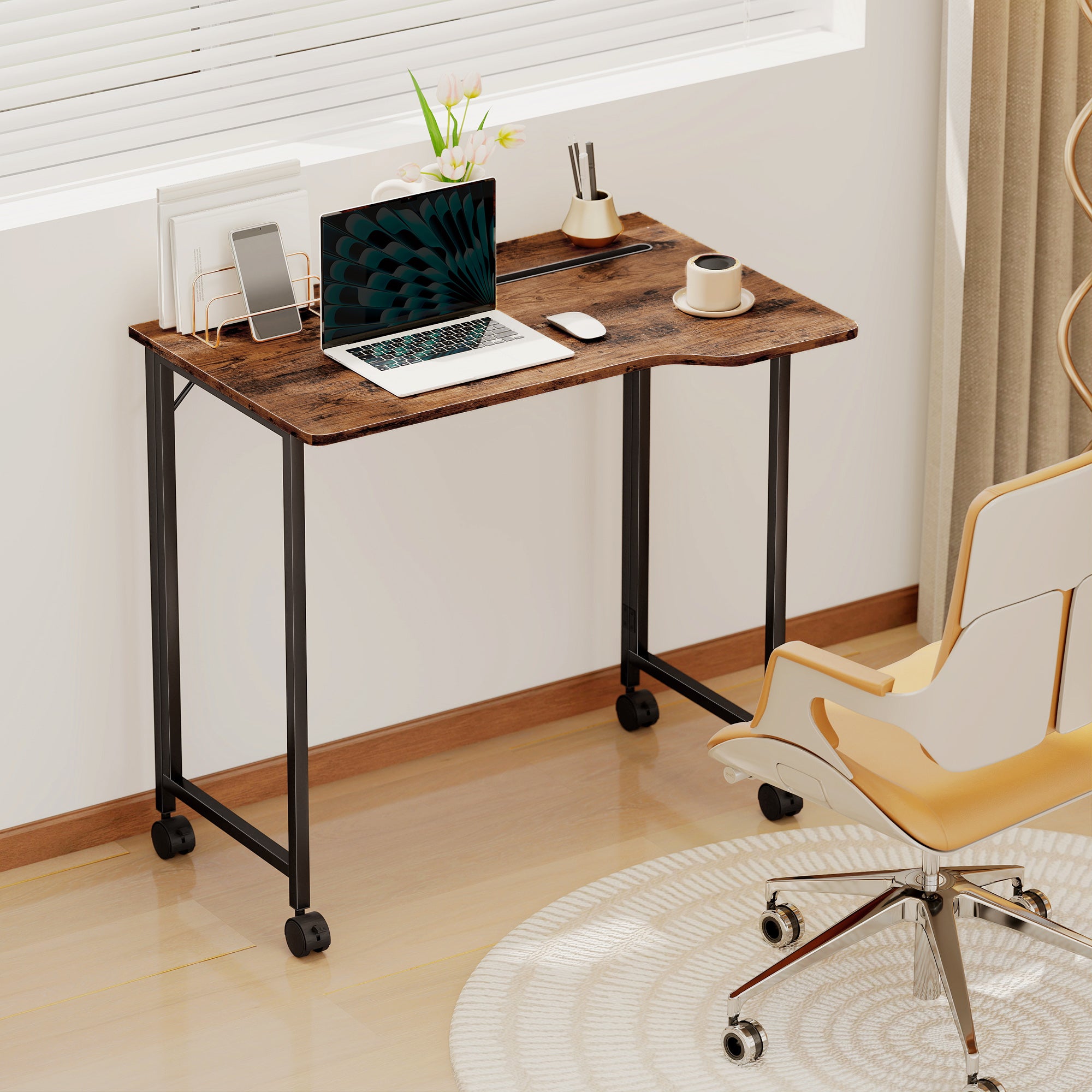 Folding Small Desk on Wheels - Rustic Brown