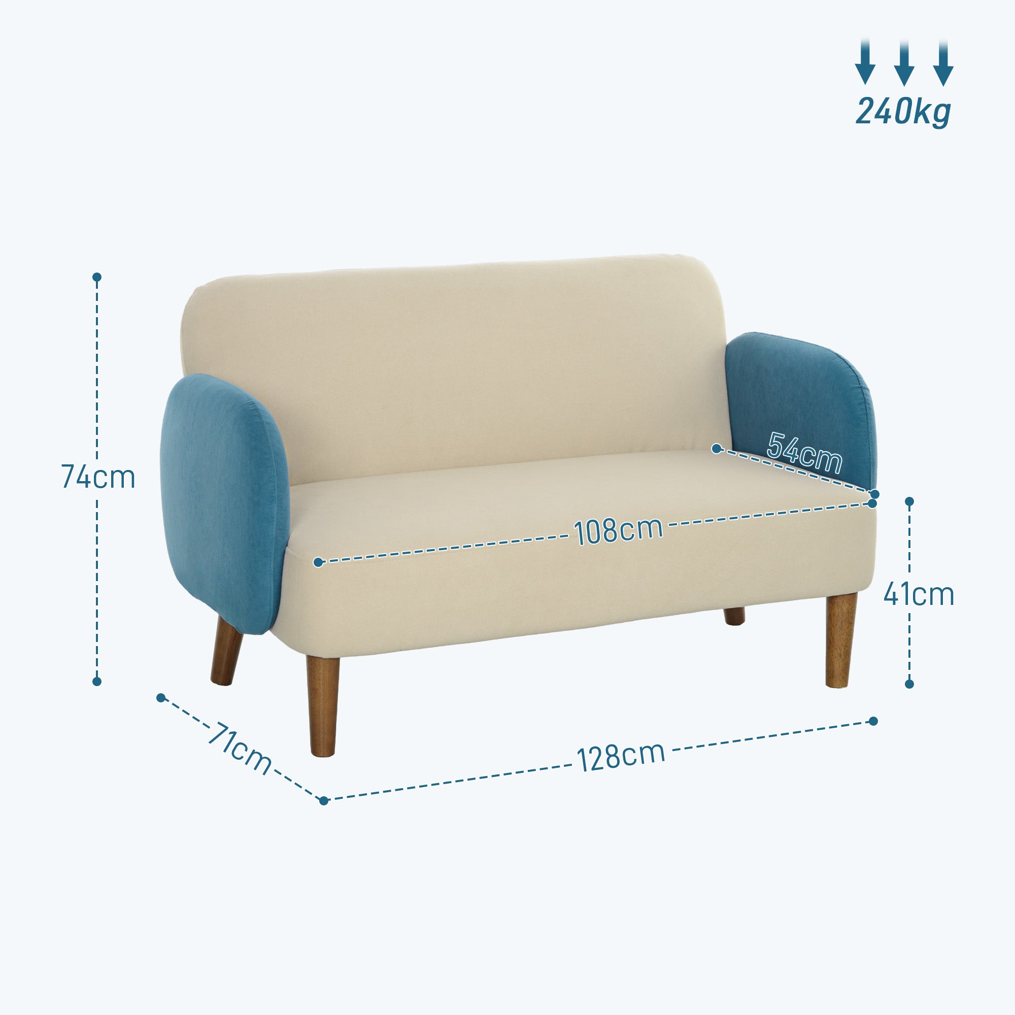 Two-Seater Velvet-Feel Mid Century Sofa - Cream/Blue