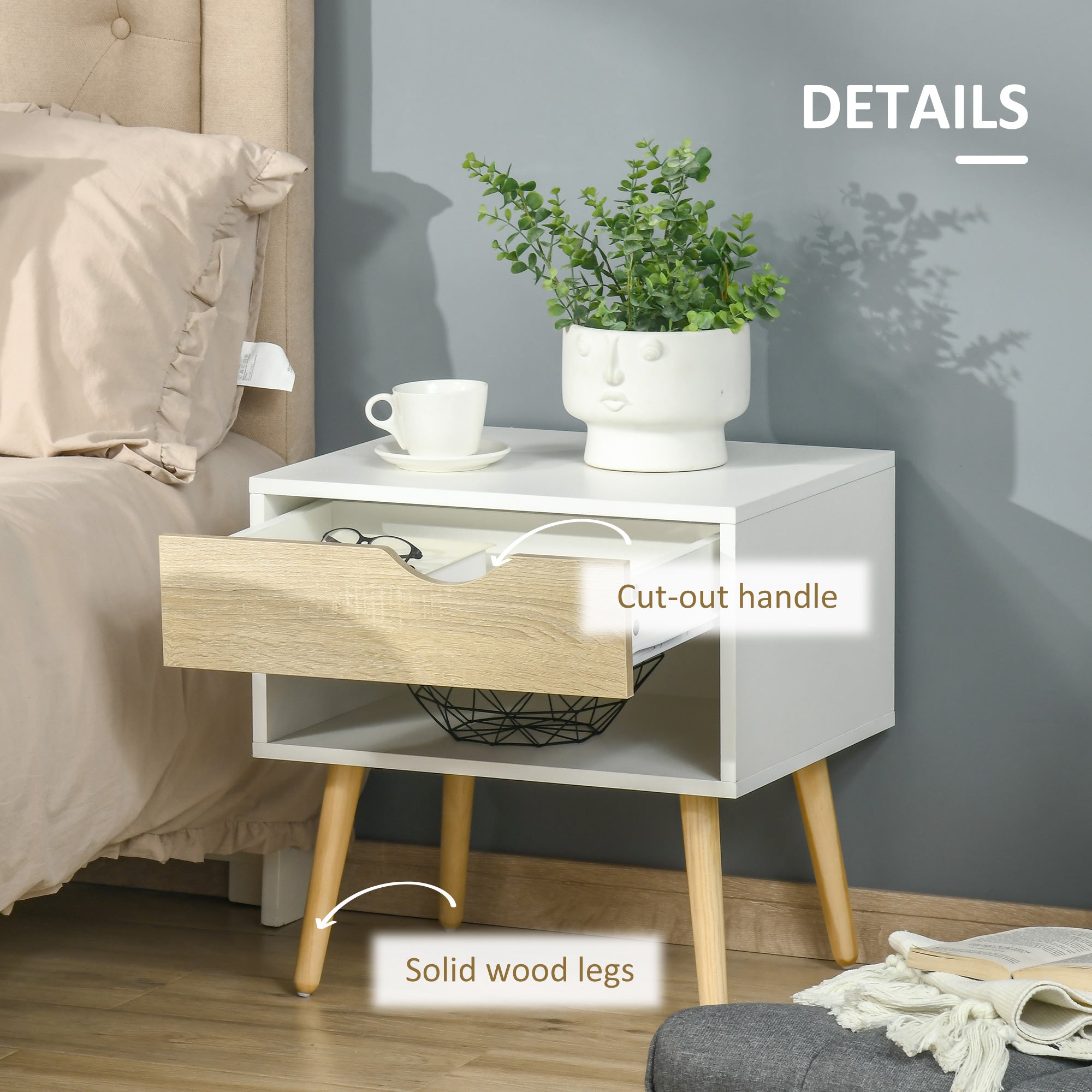 Bedroom Furniture Set, Wardrobe with Hanging Rail, Bedside Table, Floor Cabinet with Storage, Nature Wood Finish and White