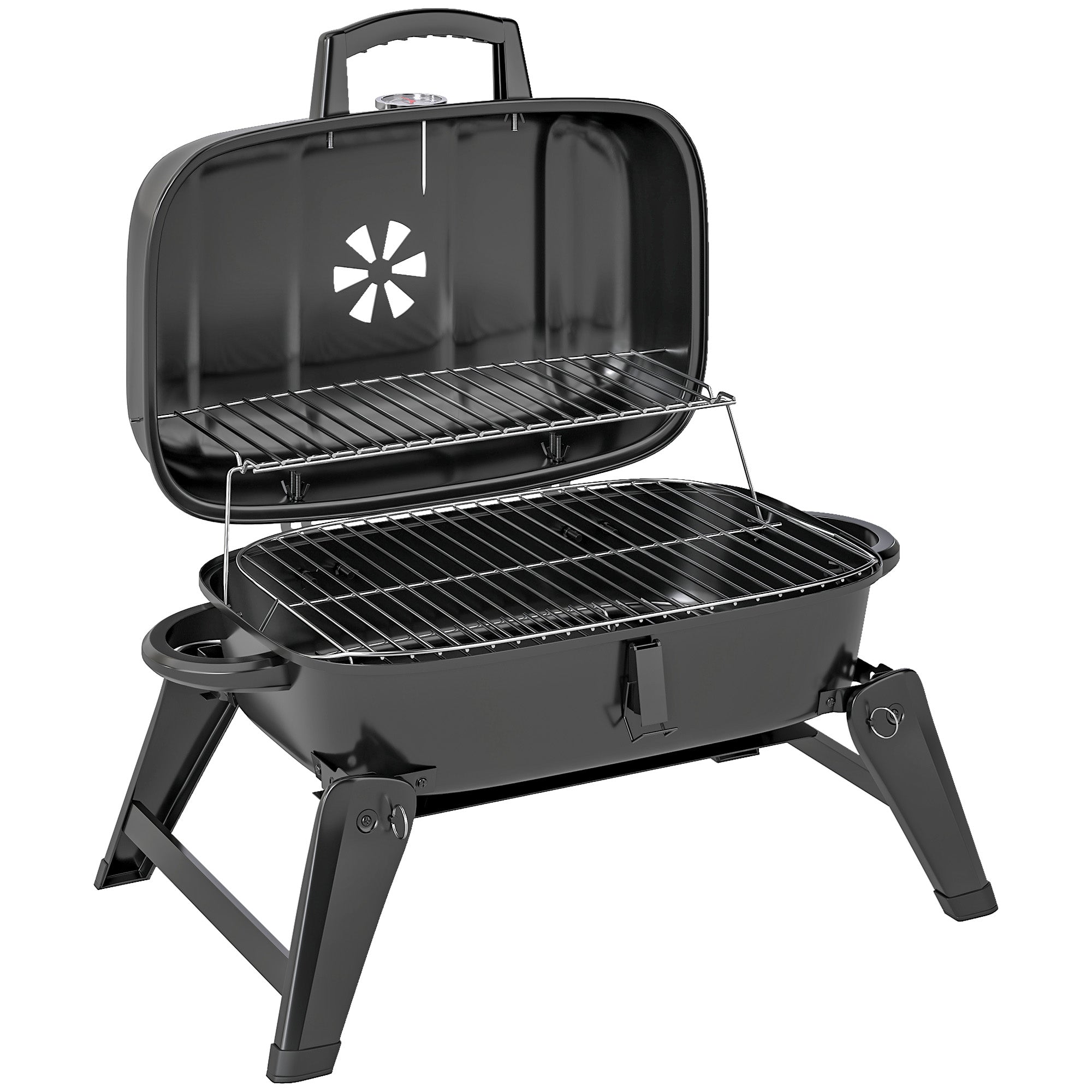 Charcoal Barbecue Grill Folding Portable BBQ Grill for Camping with 1232 cm² Cooking Area, Adjustable Vent, Thermometer, Handles for Picnic, 59 x 37 x 36 cm, Black