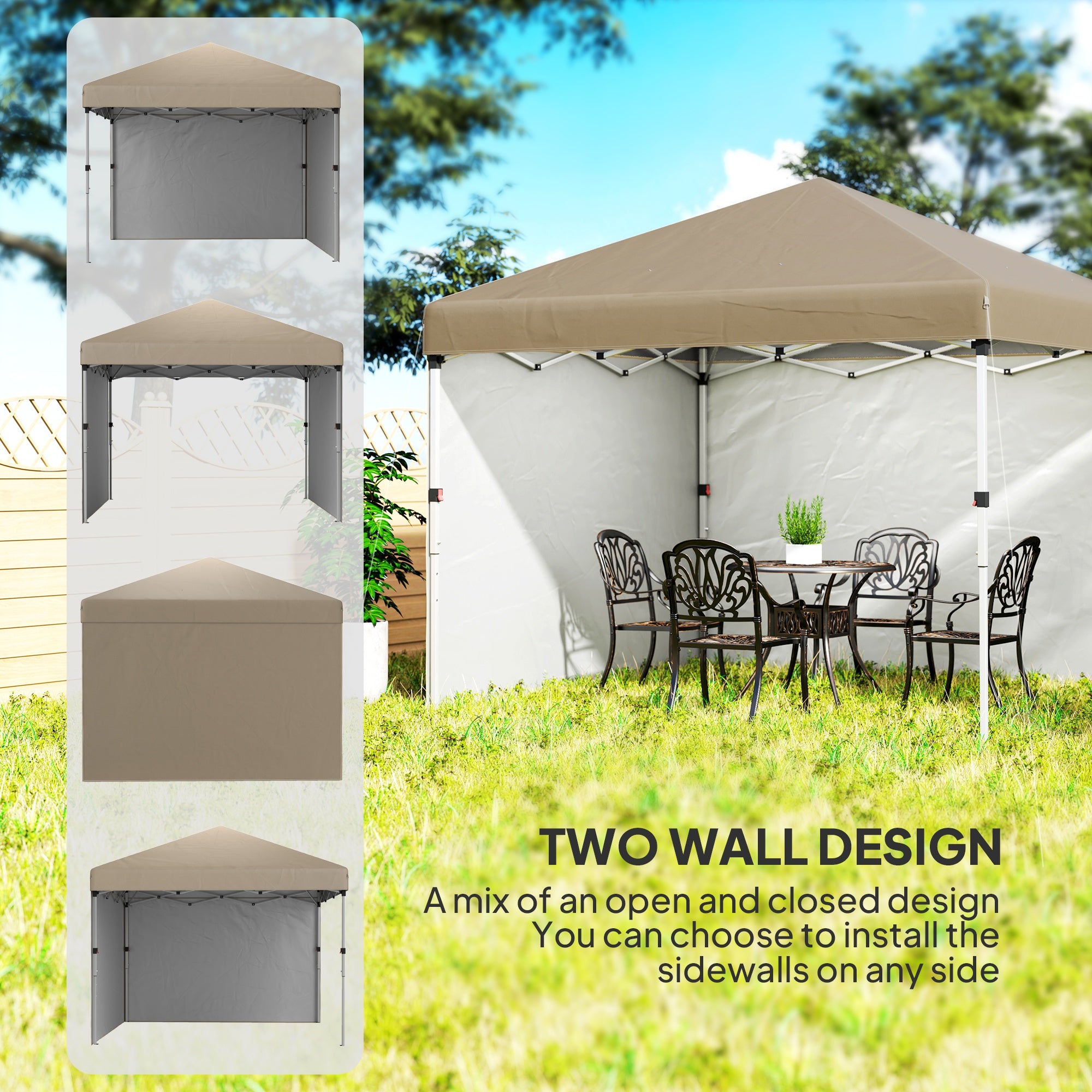 3 x 3 Metre Pop Up Gazebo Set with Sidewalls and Wheeled Bag - Khaki