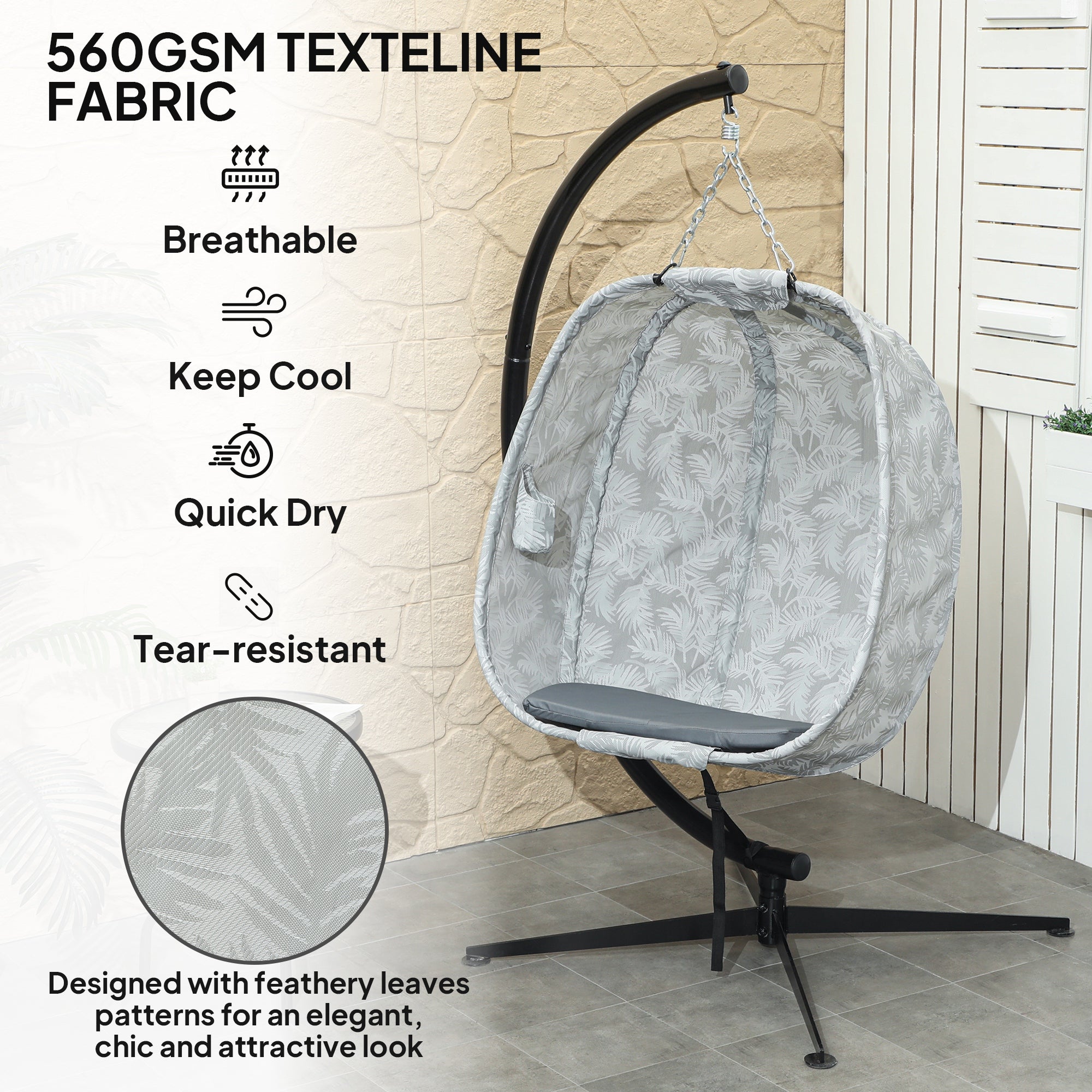 Hanging Egg Chair with Stand and Thick Cushion - Grey