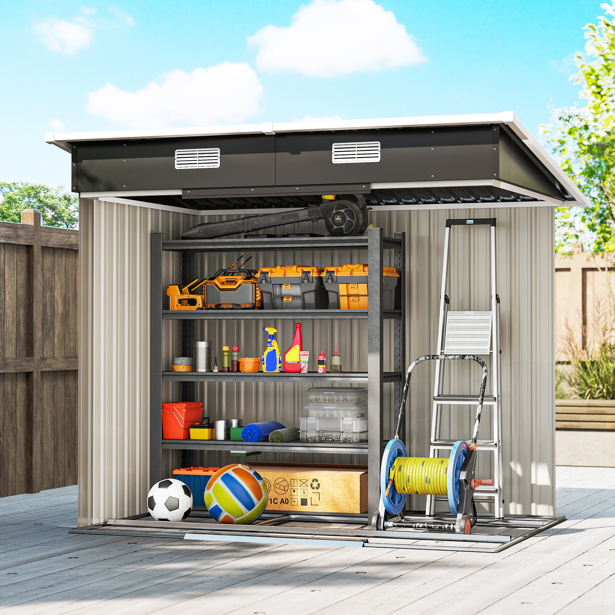 7 x 4ft Outdoor Storage Shed with Foundation Kit, Lean to Metal Garden Shed for Log, Rubbish Bin, Tool, Bike, Black