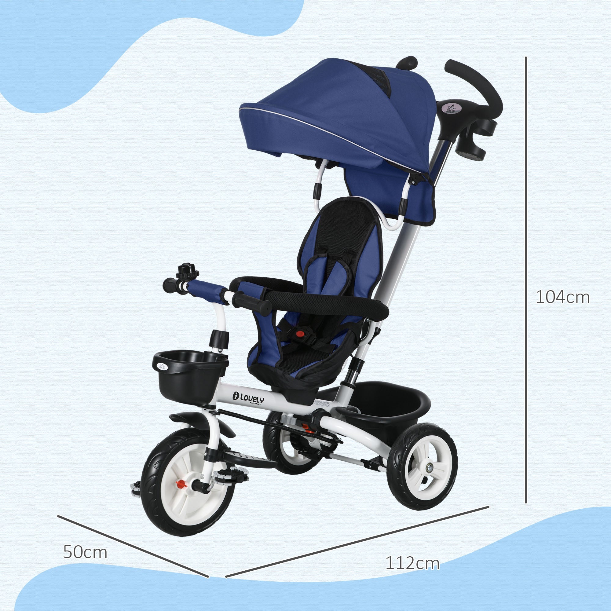 Metal Frame 6 in 1 Baby Push Tricycle with Parent Handle for 1-5 Years Old, Dark Blue