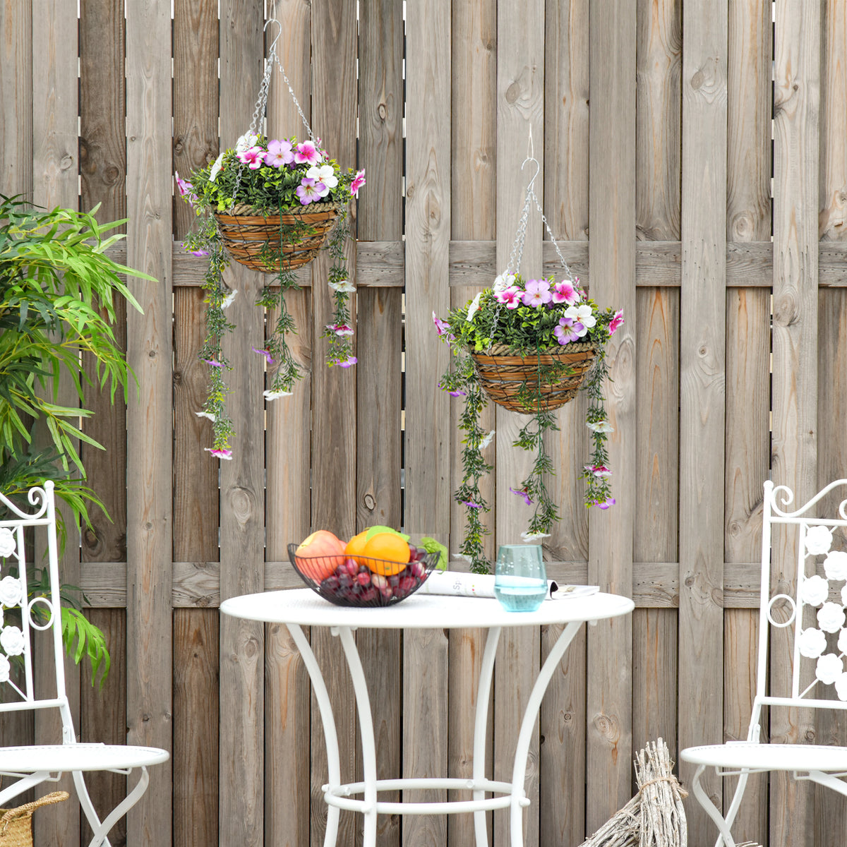 Set of 2 Hanging Faux Silk Azalea Plants in Baskets for Indoor Outdoor Decor - Pink and White