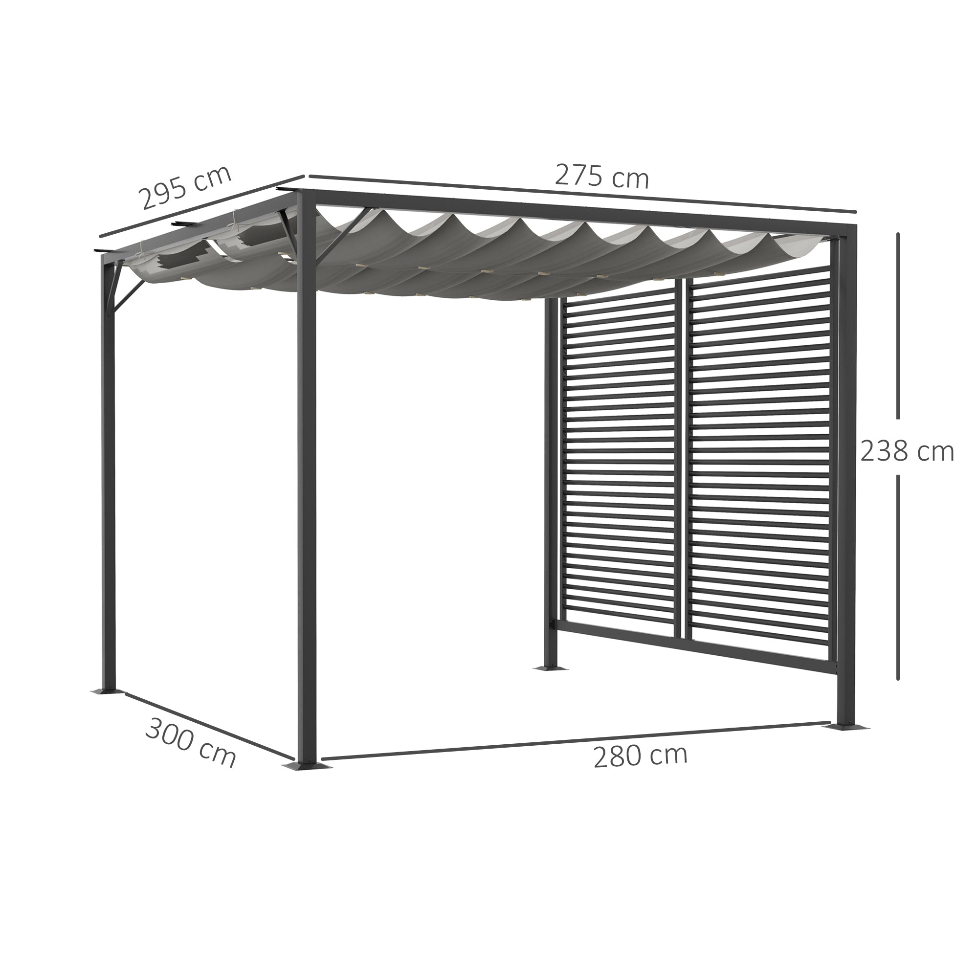 3 x 2.8m Metal Pergola, with Retractable Fabric Roof - Grey