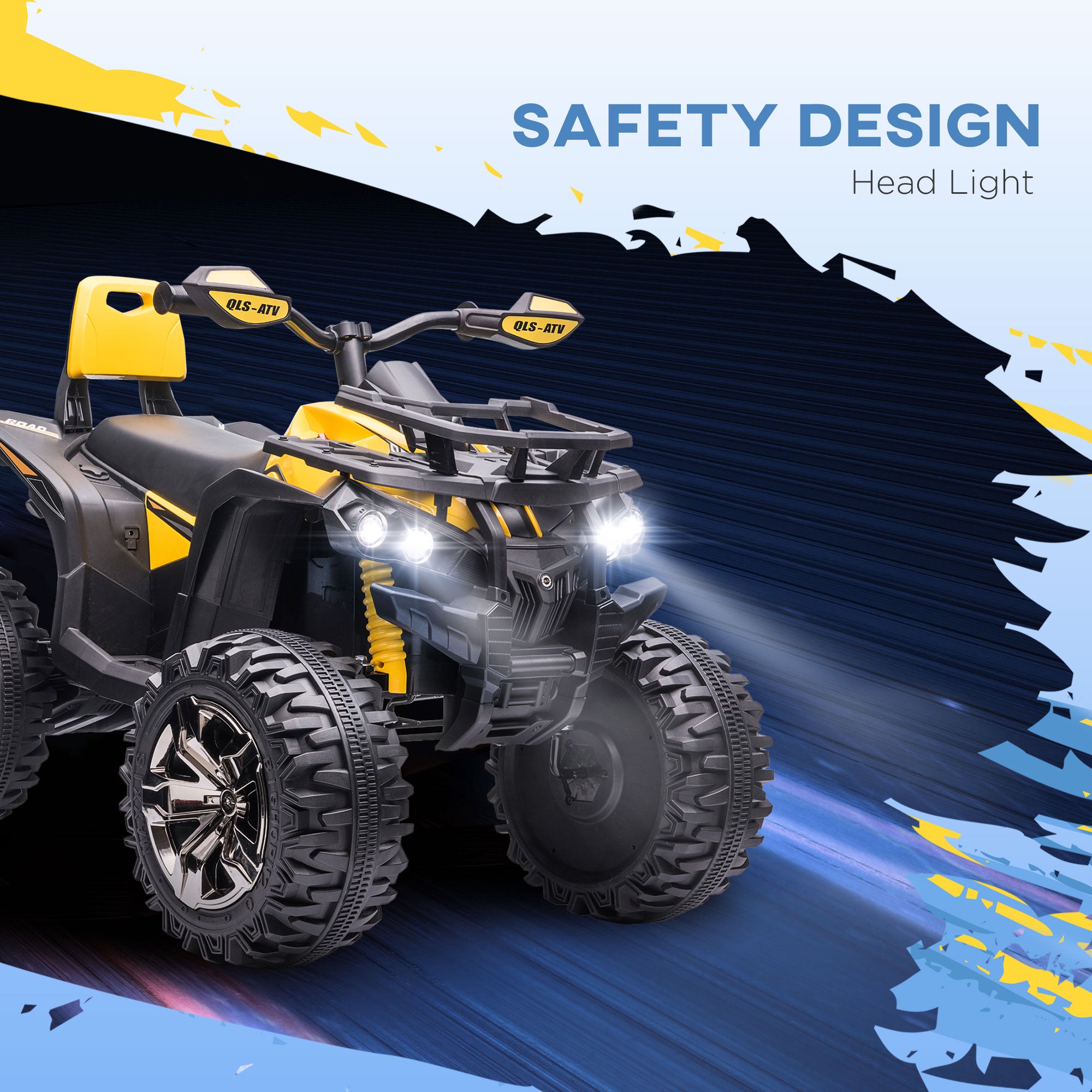 12V Quad Bike ATV with LED Lights, Music, Backrest, Forward, Backward, Yellow