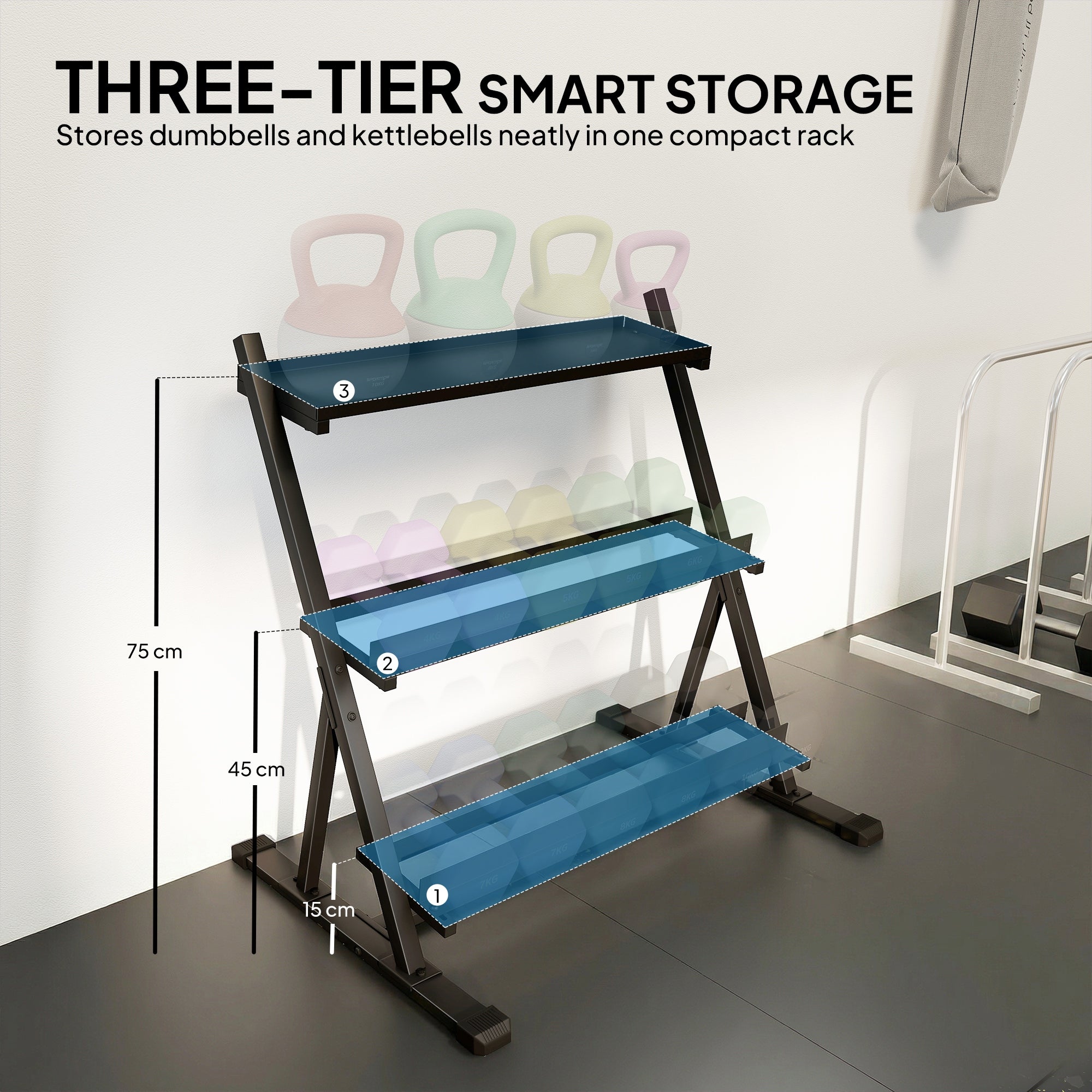 3-Tier Adjustable Dumbbell Rack, Heavy-Duty Weight Rack for Dumbbells, Kettlebells and Multiple Balls, Space-Saving Weight Storage Stand for Home Gym, 200 KG Capacity