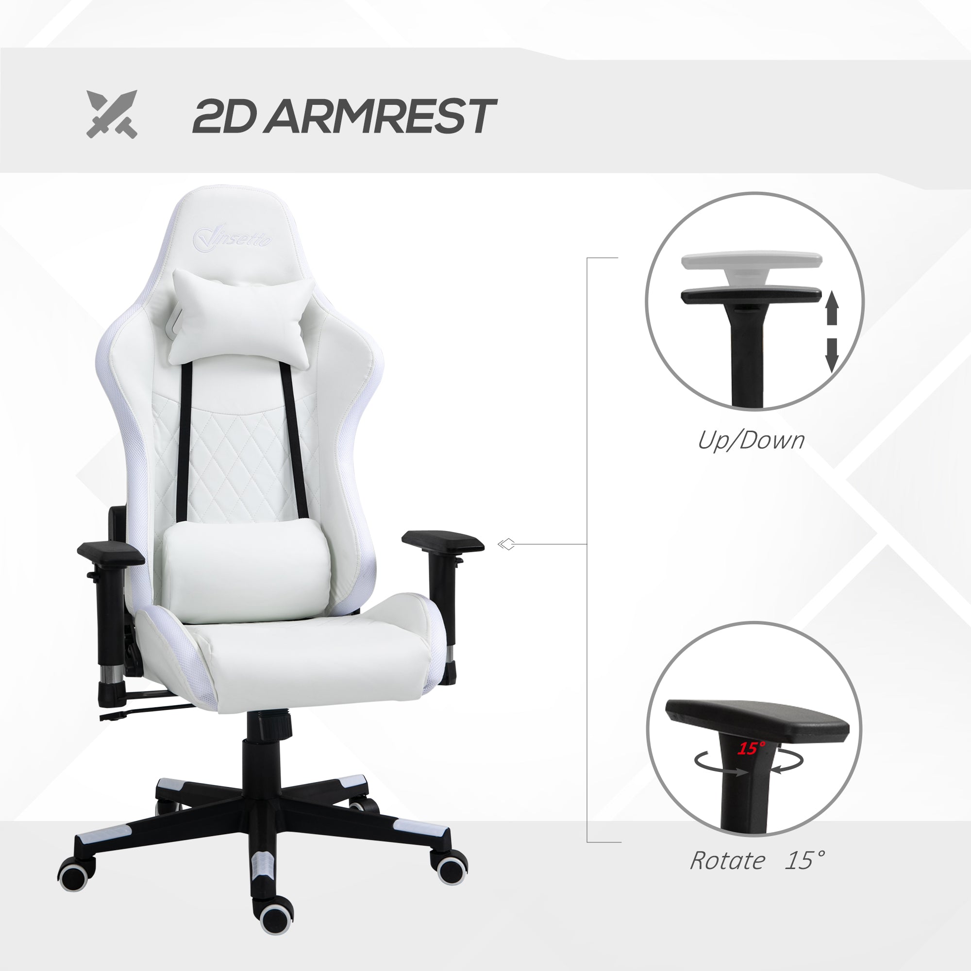 Gaming Chair with RGB LED Light, 2D Arm, Lumbar Support, Height Adjustable Swivel Office Computer Recliner, Racing Gamer Desk Chair for Home, White