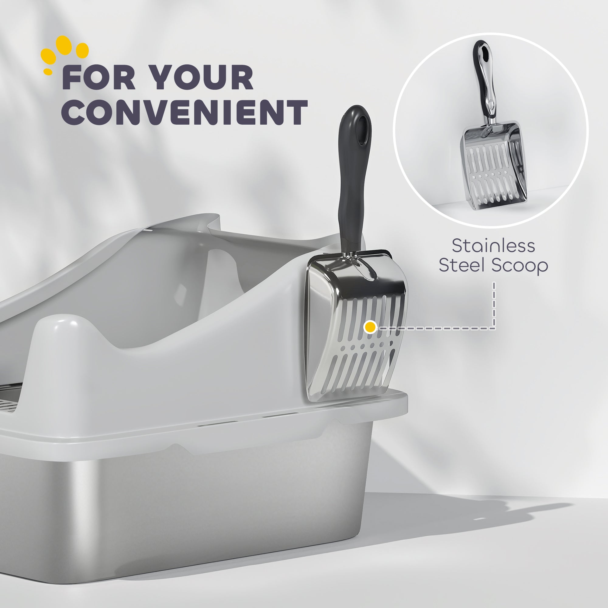 Stainless Steel Cat Litter Box with High Sides, Metal Scoop, 43 x 33 x 25 cm
