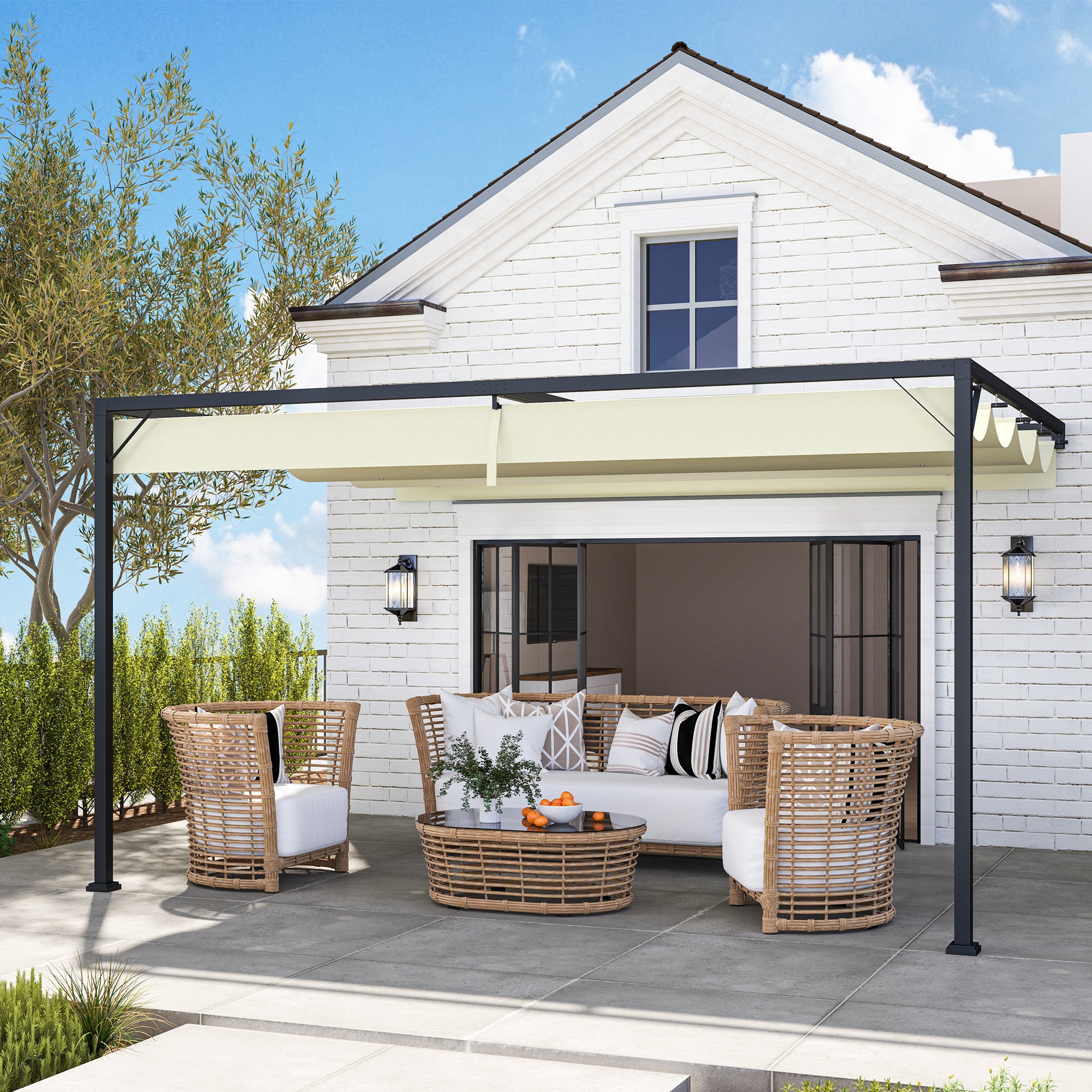4 x 3 Metre Retractable Pergola Canopy - Cream White Metal Frame
