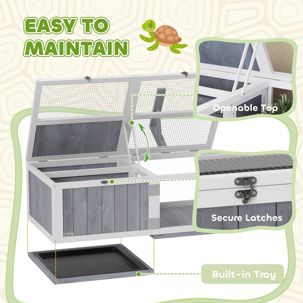 Wooden Tortoise House with Lamp Holder, Observation Window & Openable Tops - Light Grey