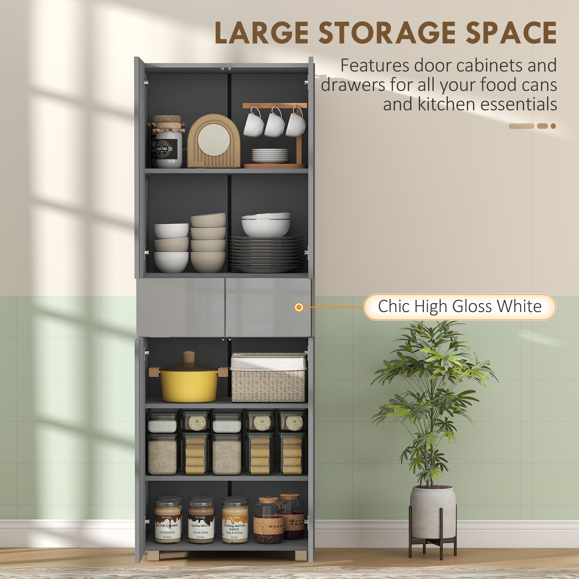 Storage Cabinet, Kitchen Cupboard with 3 Adjustable Shelves, 60L x 35W x 170H cm, High Gloss Grey