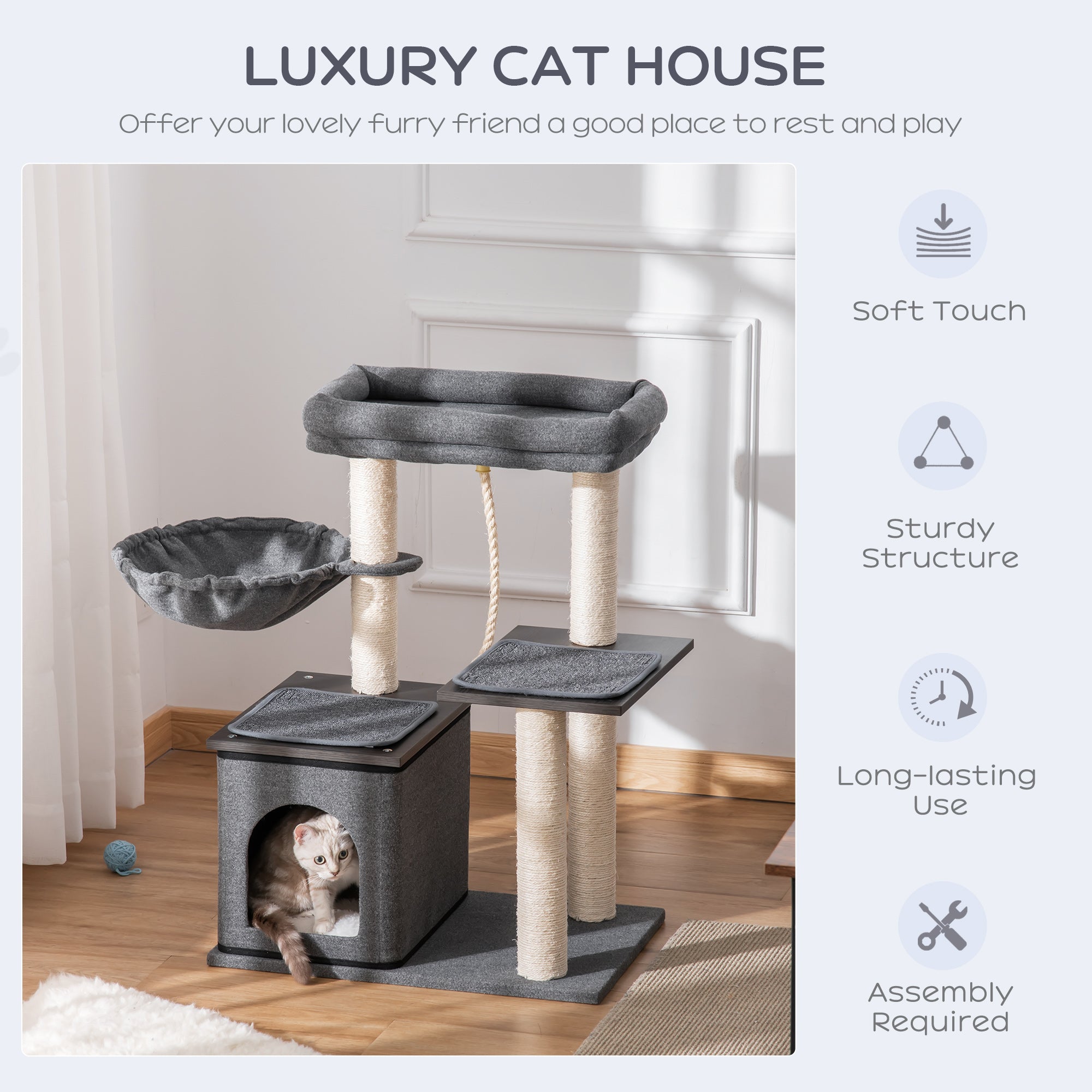 Cat Tree Tower for Indoor Cats Climbing Activity Center Kitten Furniture with Sisal Scratching Post Bed Condo Perch Teasing Rope 60 x 40 x 83cm Dark Grey