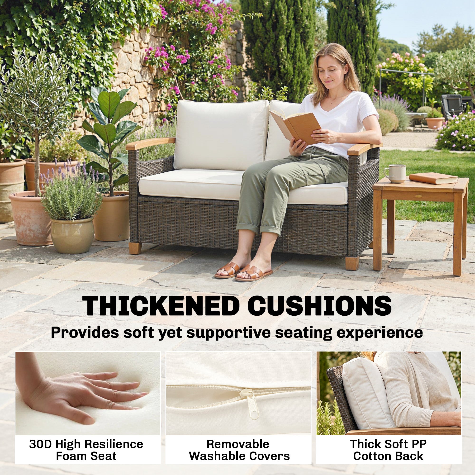 2 Seater Rattan Garden Sofa, Outdoor Sofa with Thickened Cushions and Acacia Wood Armrests, Brown
