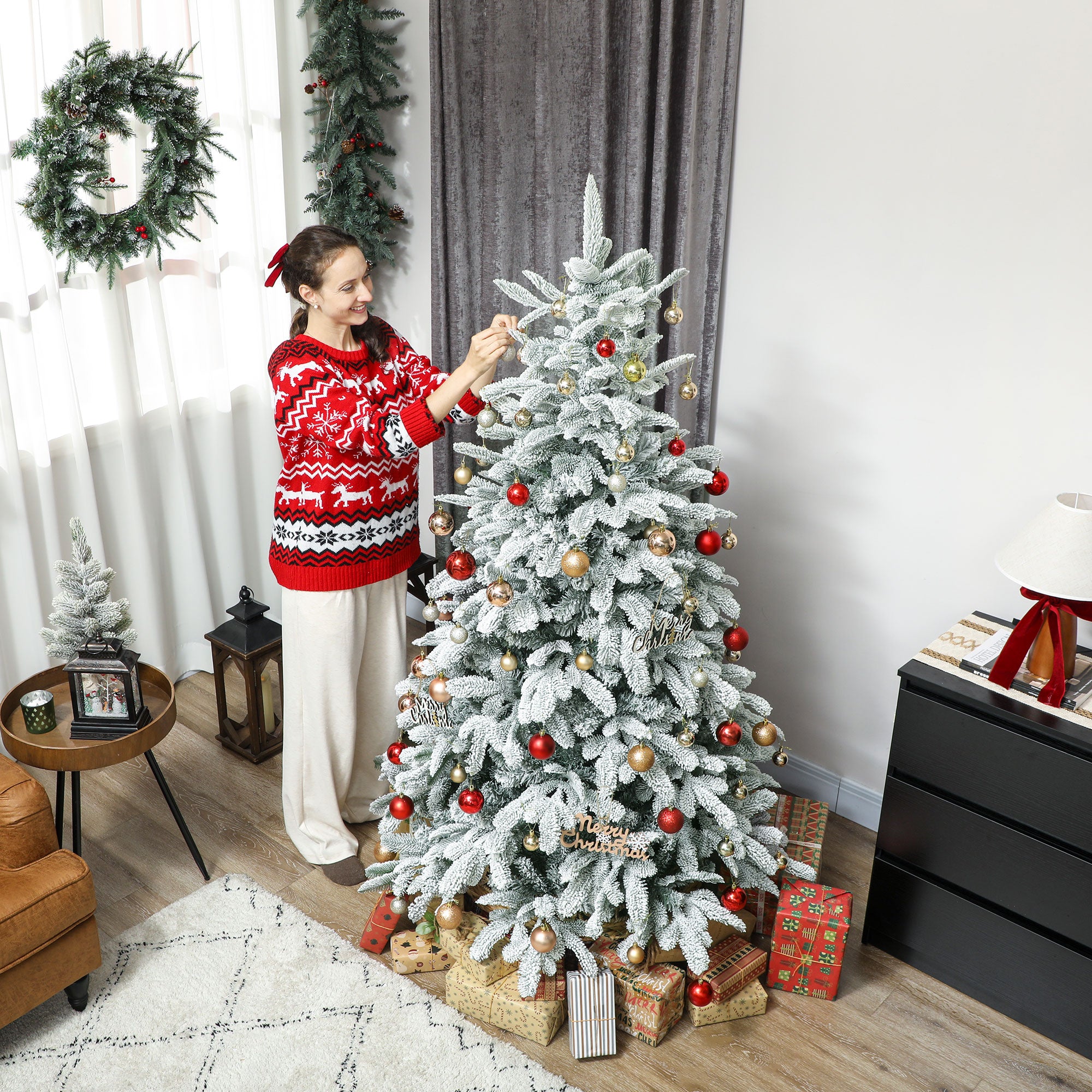 6 ft Artificial Flocked Christmas Tree with 1182 Branches, Hinged Xmas Tree with Foldable Metal Stand, Easy Assembly for Home Office Decor