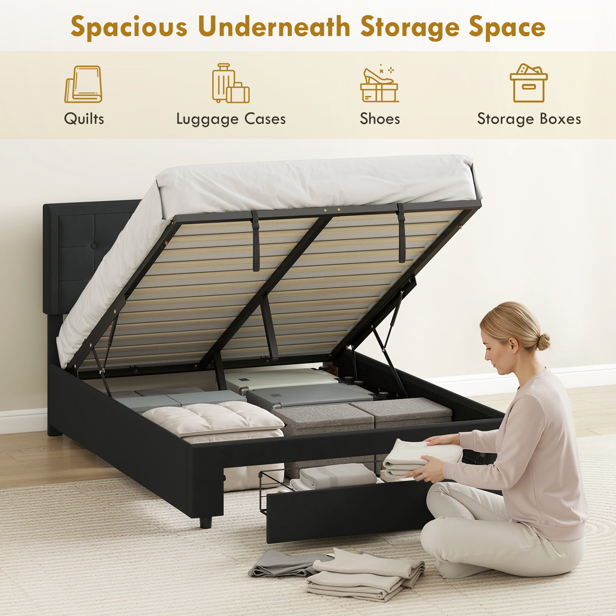Double Ottoman Bed Frame, with Front Drawer - Black