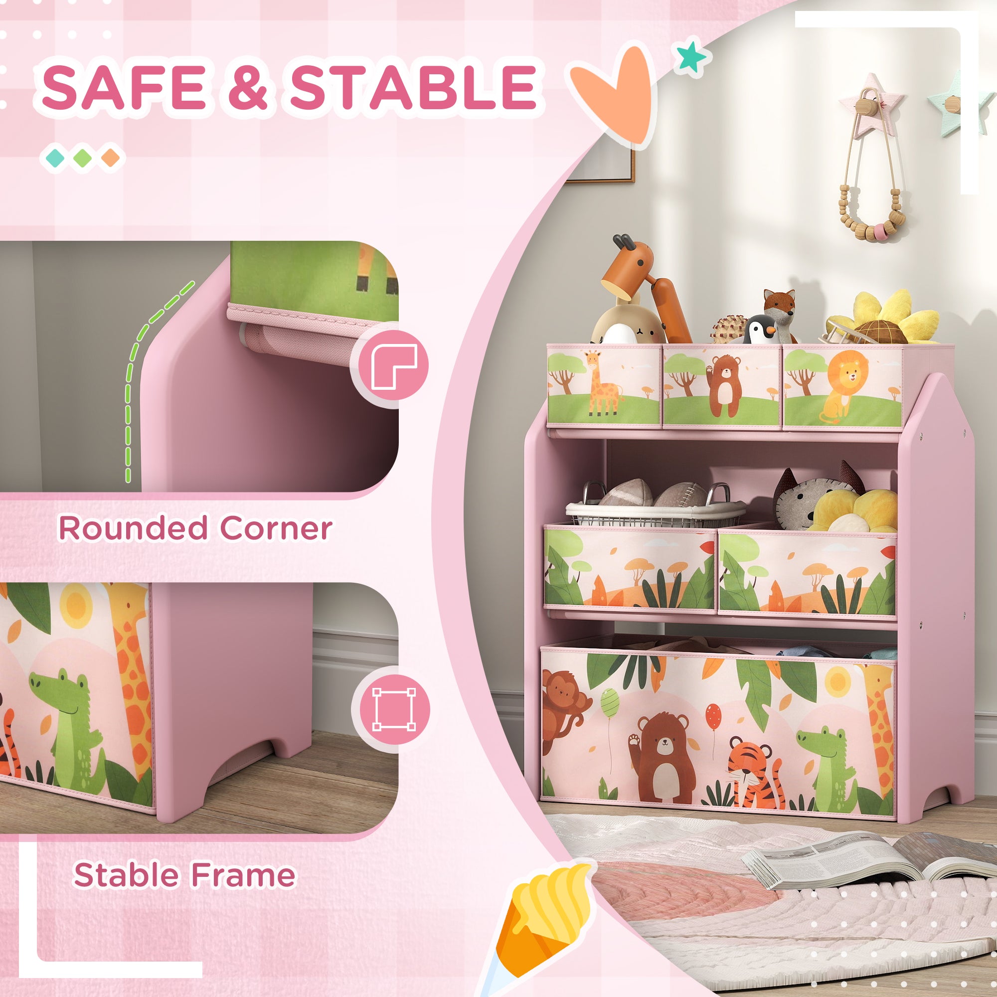 3 Tier Kids Toy Storage Unit with 6 Removable Boxes - Pink