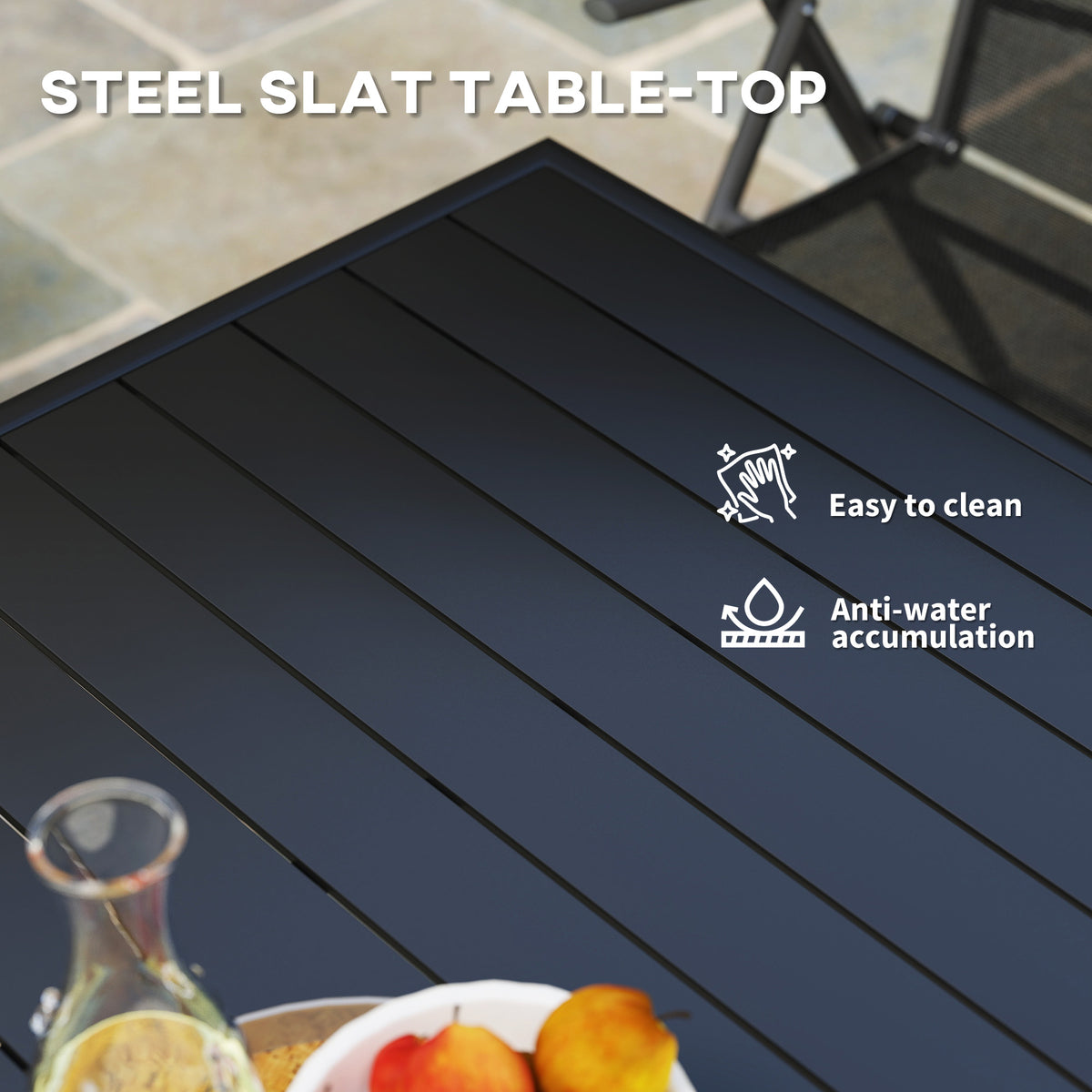 4 Seater Steel Frame Garden Table with Slat Top - Black