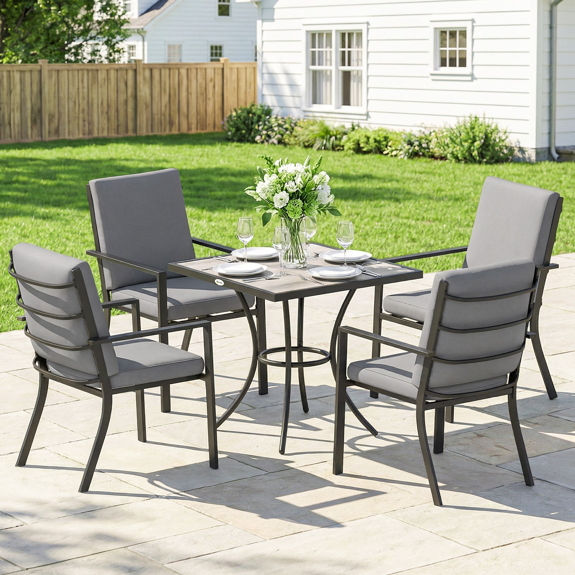5 Pieces Outdoor Dining Set with Cushions, Garden Dining Set for 4 with Square Table and Stackable Chairs