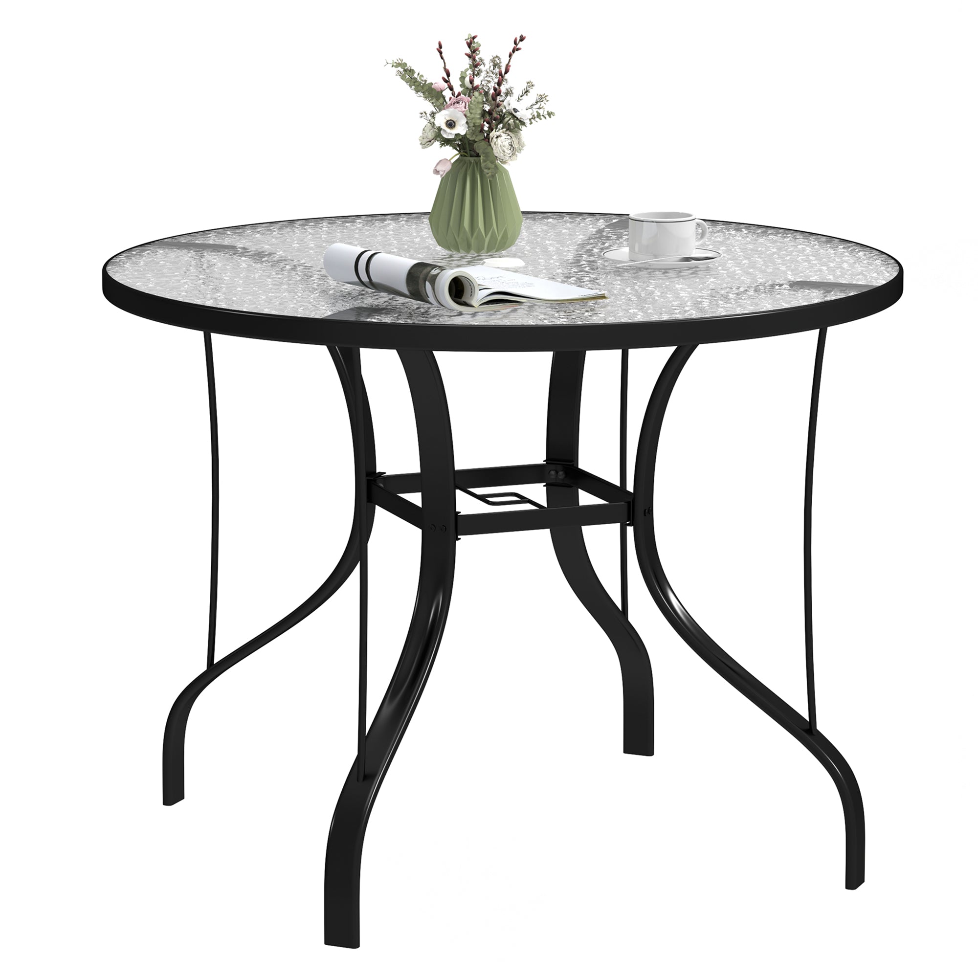 1 Piece Tempered Glass Top Outdoor Dining Table with Parasol Hole - Black