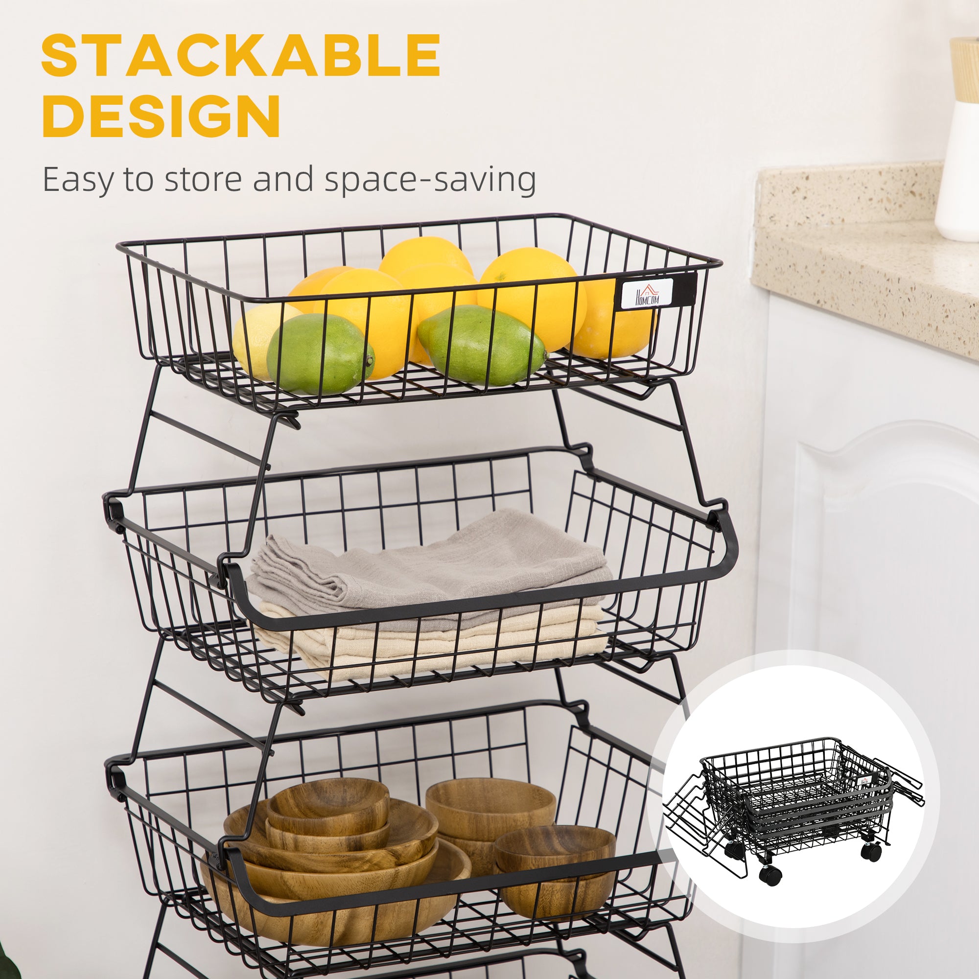 5 Tier Storage Trolley, Stackable Fruit Vegetable Cart for Kitchen, Living Room, 40 x 2 x 97 cm, Black