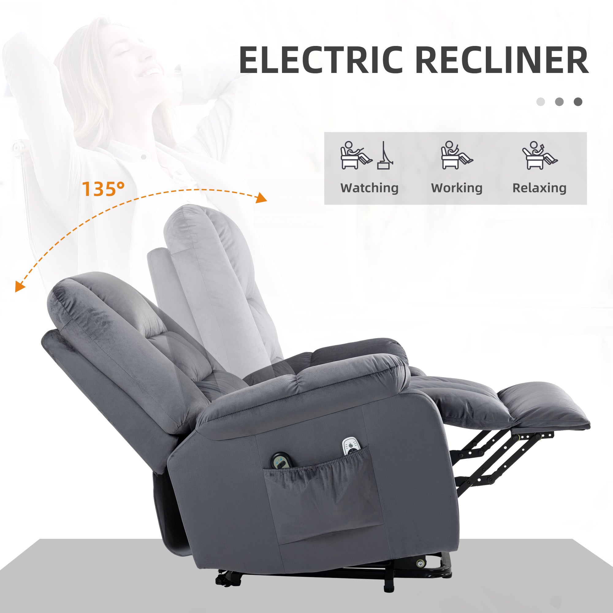 Leathaire Eight Massage Point Armchair, with Heat and Reclining Back - Grey