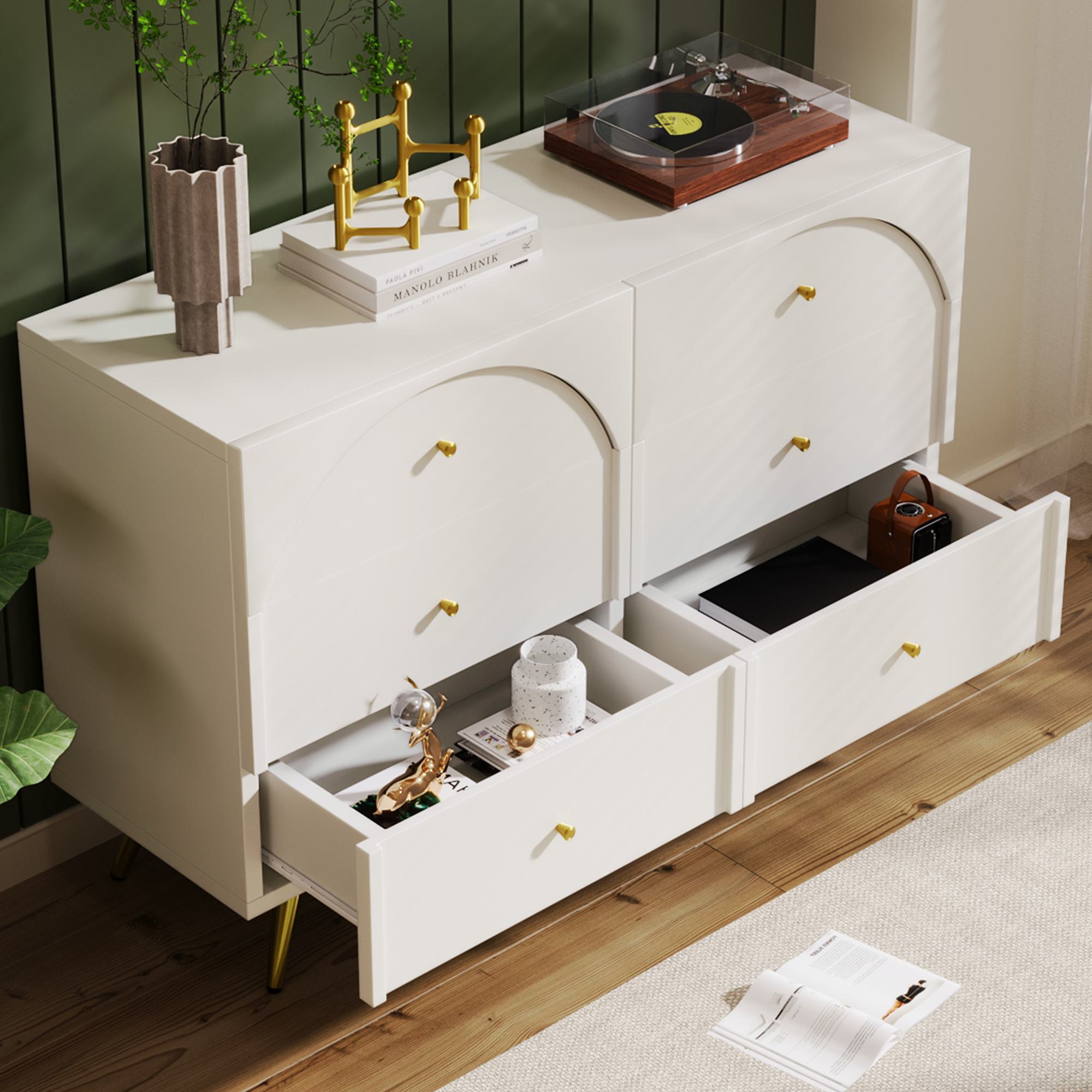 Height Ajustable Sideboard with 6 Storage Drawers, Cabinet with Wood and Metal Construction, 120L x 40W x 85H cm, White