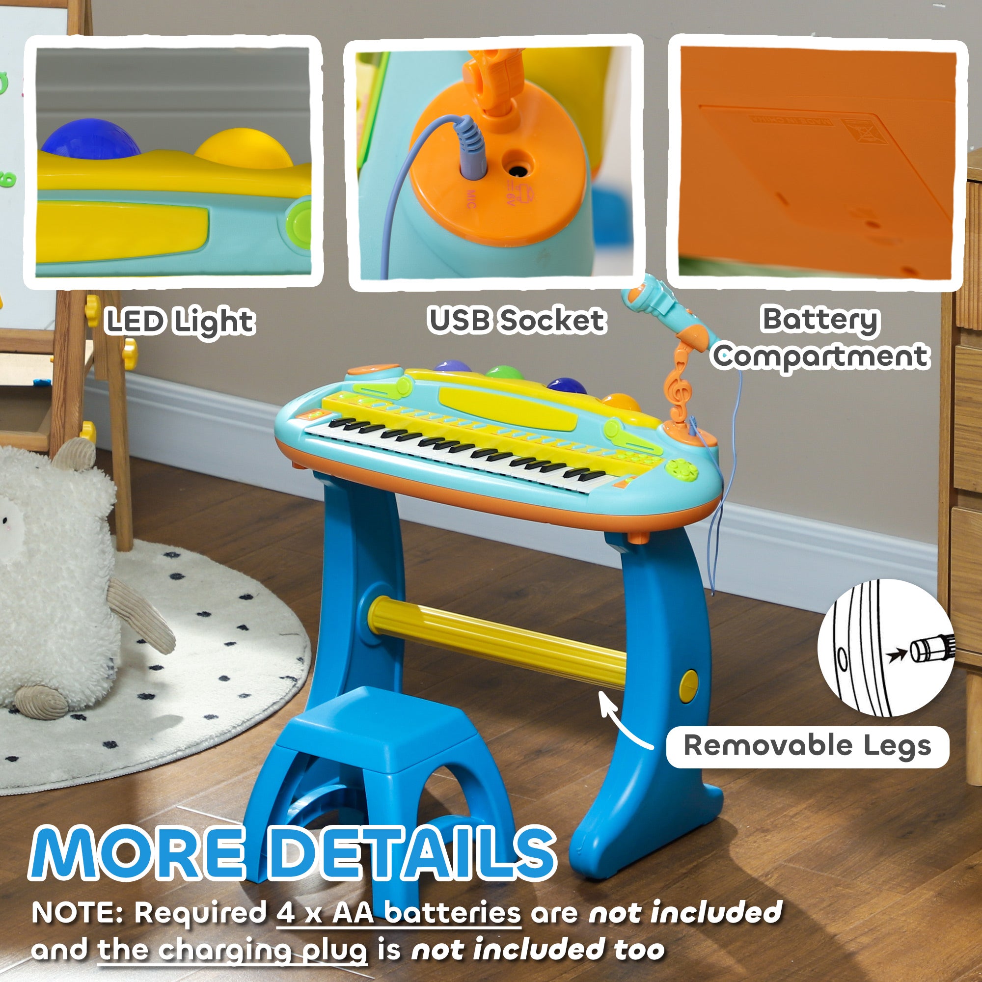 37-Key Kids Piano w/ Microphone, Stool, LED Lights, Record & Replay, Function, Blue