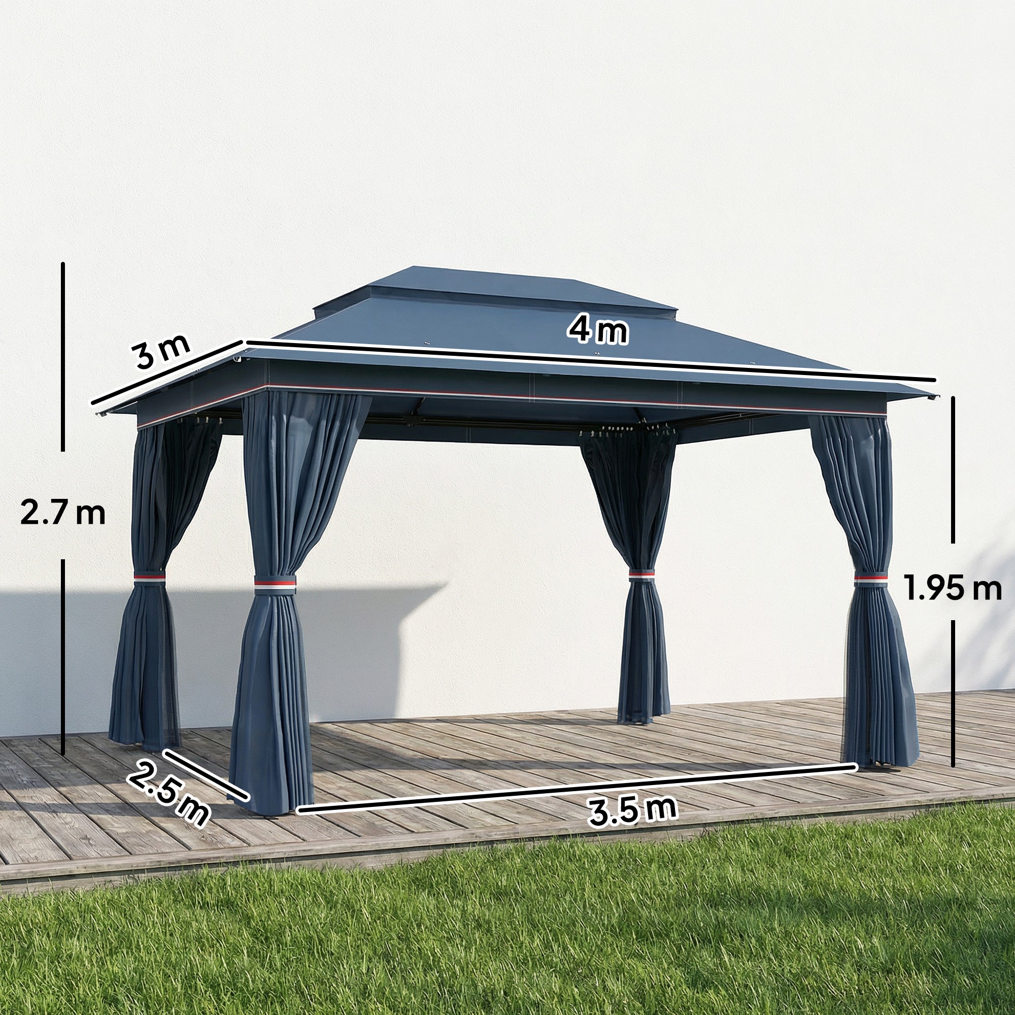 3 x 4 m Outdoor Garden Gazebo with Netting and Curtains, UPF50+ Patio Gazebo Permanent Pavilion Canopy, Dark Blue